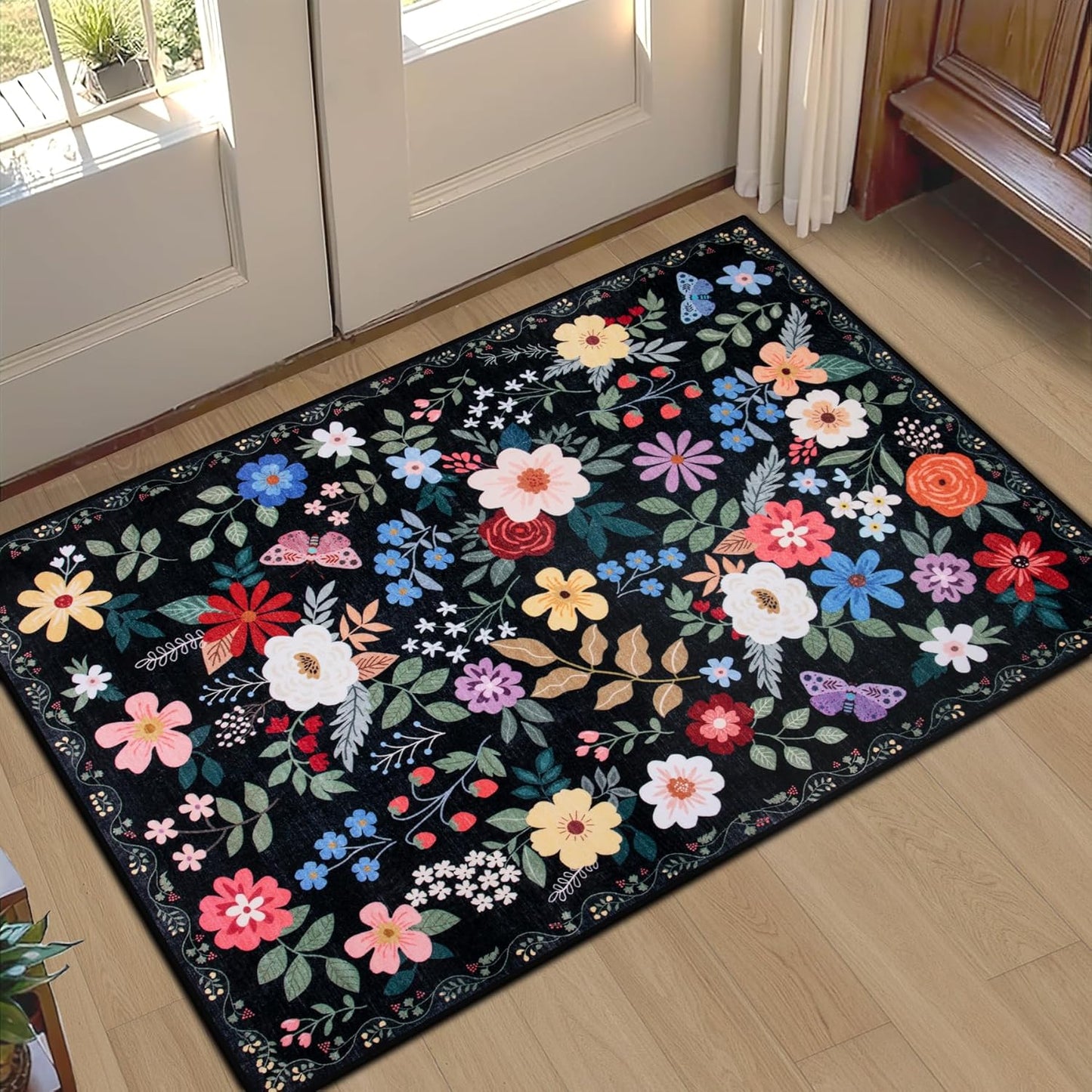 Entryway Rug 2X3 Small Rugs: Floral Washable Door Mat Vintage Soft Low Pile Non-Slip Kitchen Rugs Stain Resistant Indoor Throw Rug for Entrance, Bedroom, Kitchen, Laundry, Bathroom Black
