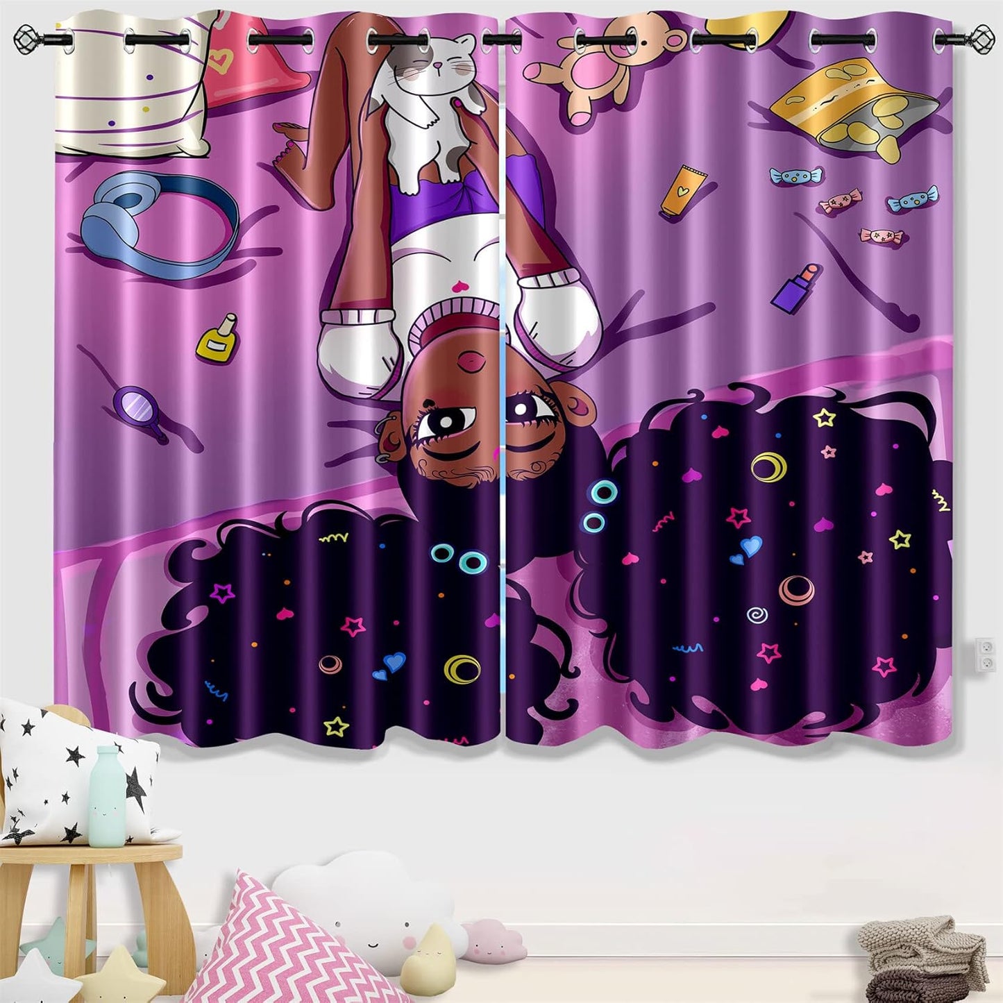 Black Girl Blackout Curtains 2 Panels 63" Inch Drapes for Kids Nursery Bedroom Purple Girls Blackout Curtains Cute Girls Themed Grommet Top Thermal Insulated Curtains for Nursery, 82" x 63"