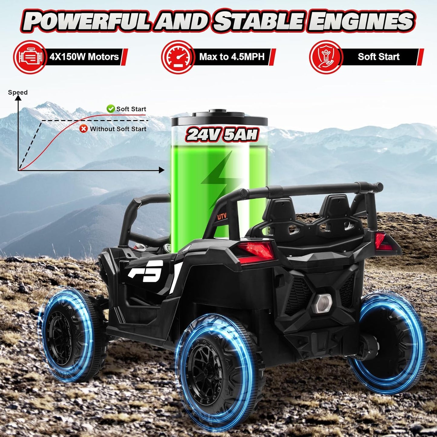 Electric Car for Kids, JOYRACER 24V Ride on Car Battery Powered Off-Road UTV w/Remote Control, 3 Speeds, 4x150W Powerful Motors, 18" Seat, Bluetooth, MP3, Electric Vehicles with Big Pull Bow