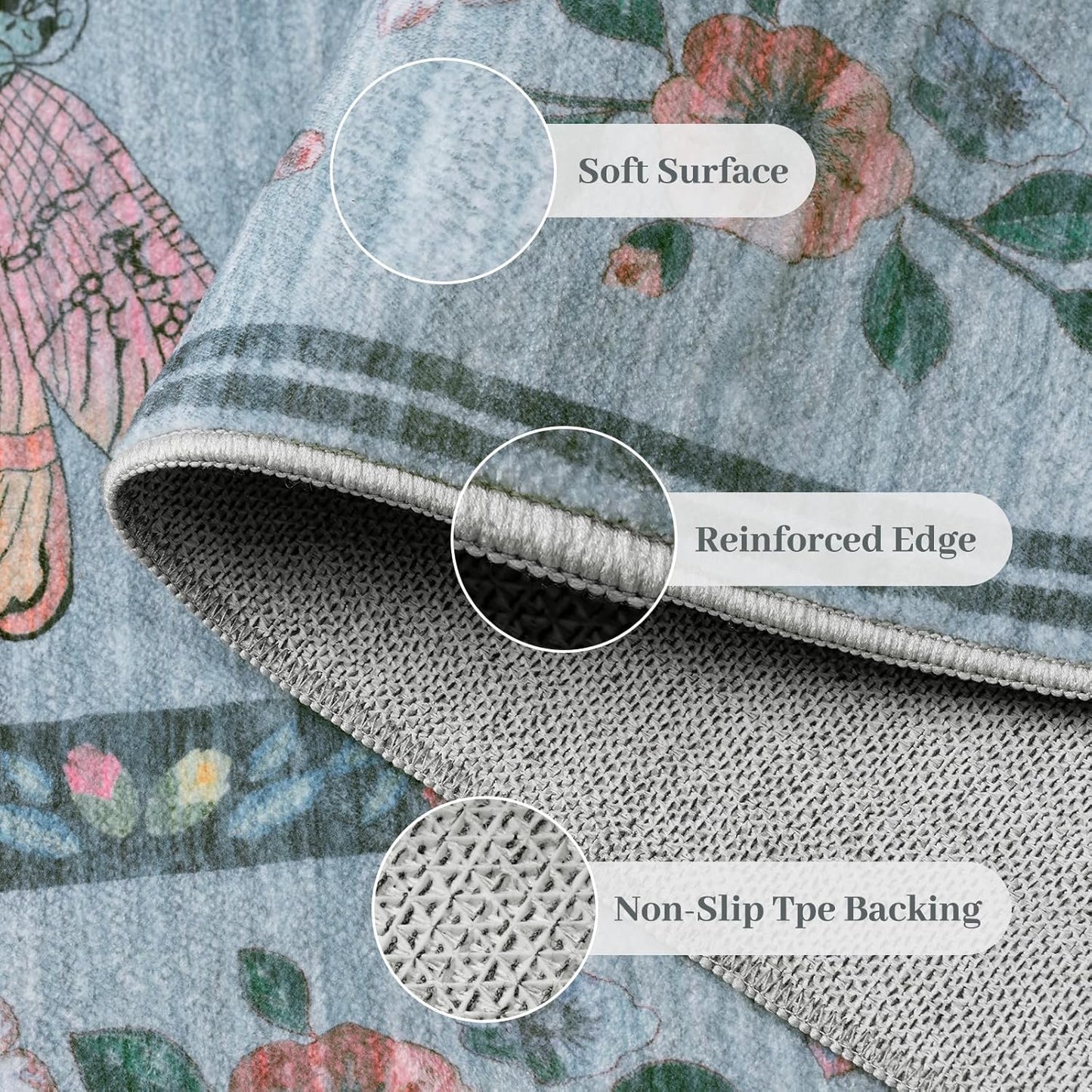 5x7 Washable Area Rug with Insect Print - Bug Rug Non-Shedding Stain Resistant Soft Carpet for Bedroom, Low Pile Ultra-Thin Machine Washable Carpet for Dining Room, Kids Nursery, Office (5'x7' Blue)