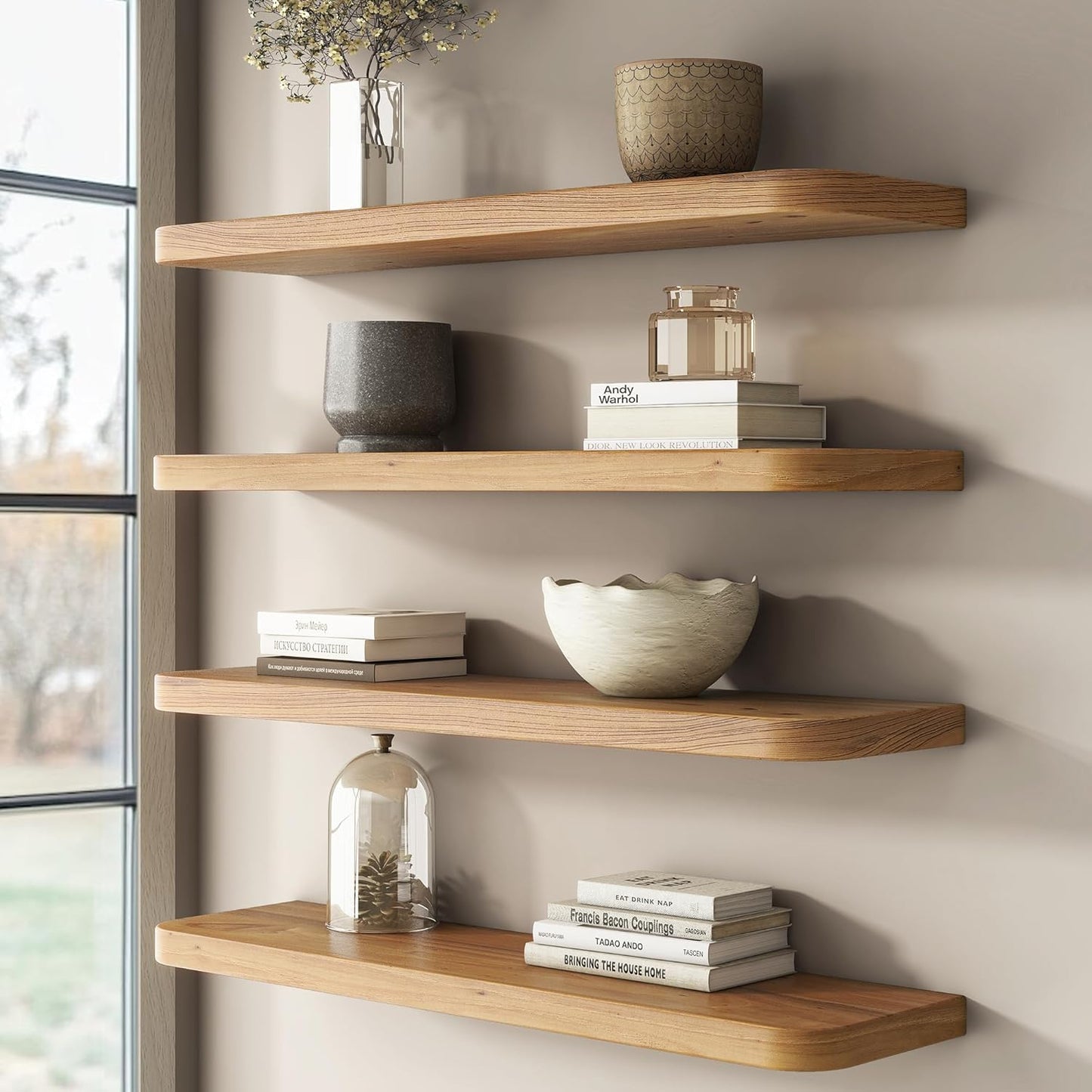 Rustic Elm Wood Floating Shelves for Wall Round Edge, 55"W x 9.2"D x 1.37"H, Set of 1 with Invisible Bracket, Wall Mounted Storage Shelves for Living Room Bedroom Kitchen Bathroom Decor, Natural