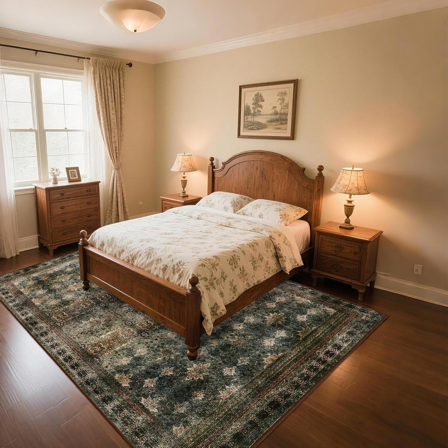 Large 8x10 Washable Area Rug for Living Room, No Shedding Vintage Floral Print Rugs Non Slip, Indoor Thin Retro Accent Carpet for Bedroom Farmhouse Dining Room(Dark Green/Brown/Multi)