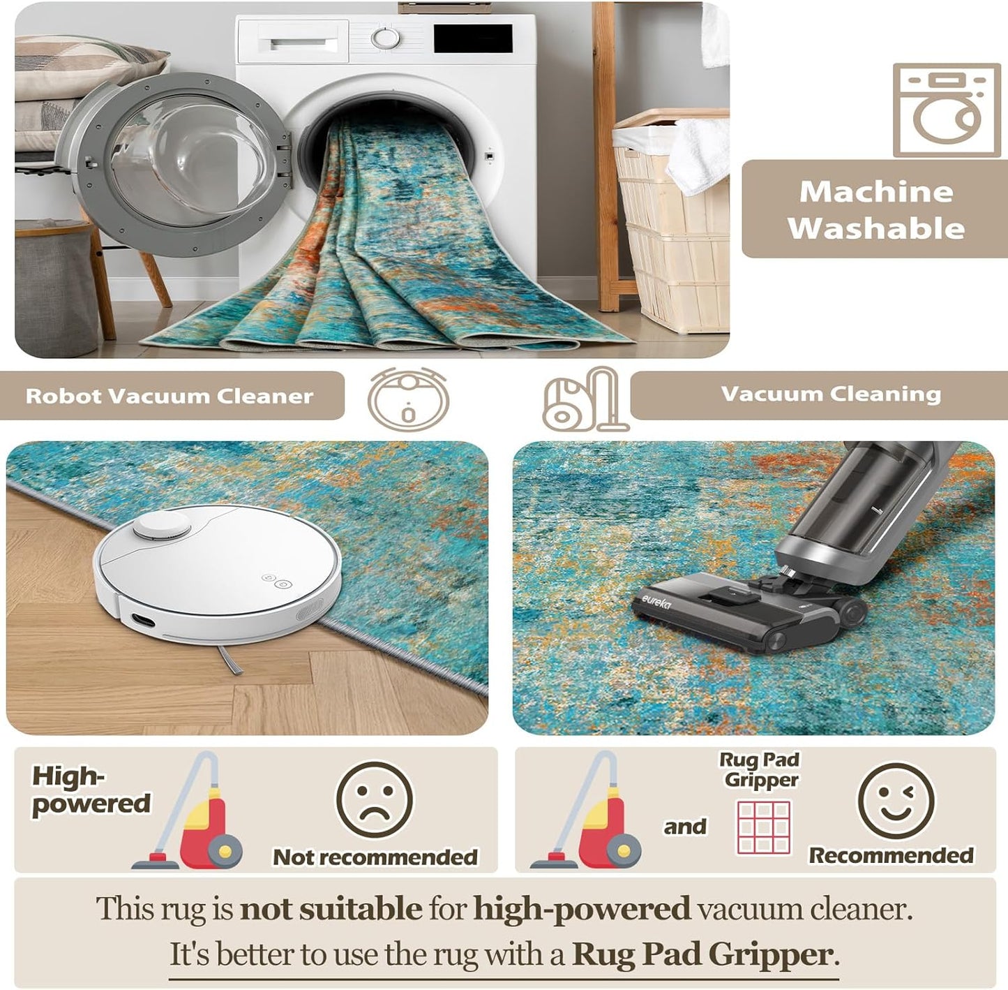 Washable Area Rugs 5'x7' Non-Slip Modern Abstract Soft for Living Room Entryway Bedroom Nursery, Print Pattern, Teal Blue Green Orange Rust Red Colorful