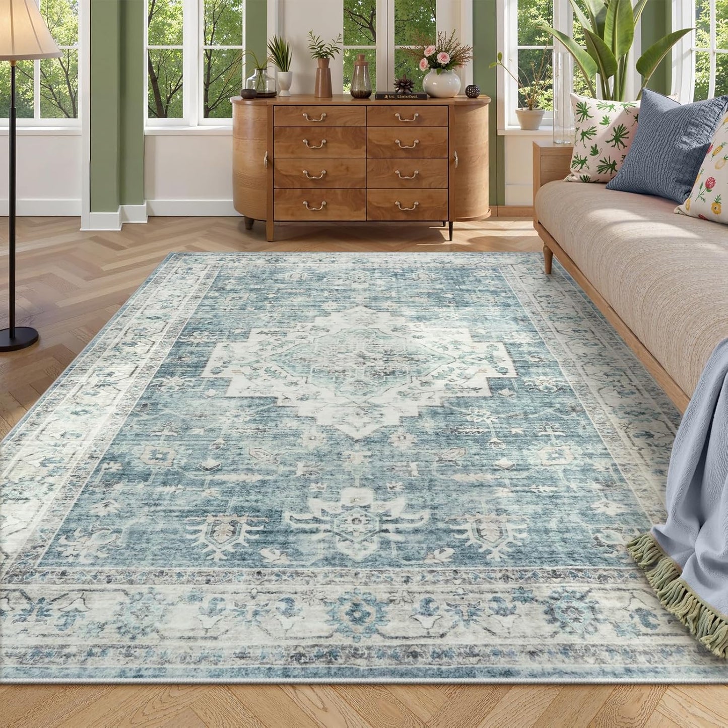 LIVEBOX Washable Area Rug 8x10 Rugs for Living Room Bedroom, Non-Slip Boho Indoor Carpet for Dining Room Office, Low-Pile Farmhouse Soft Carpets for Kids Nursery Room Playroom, Blue
