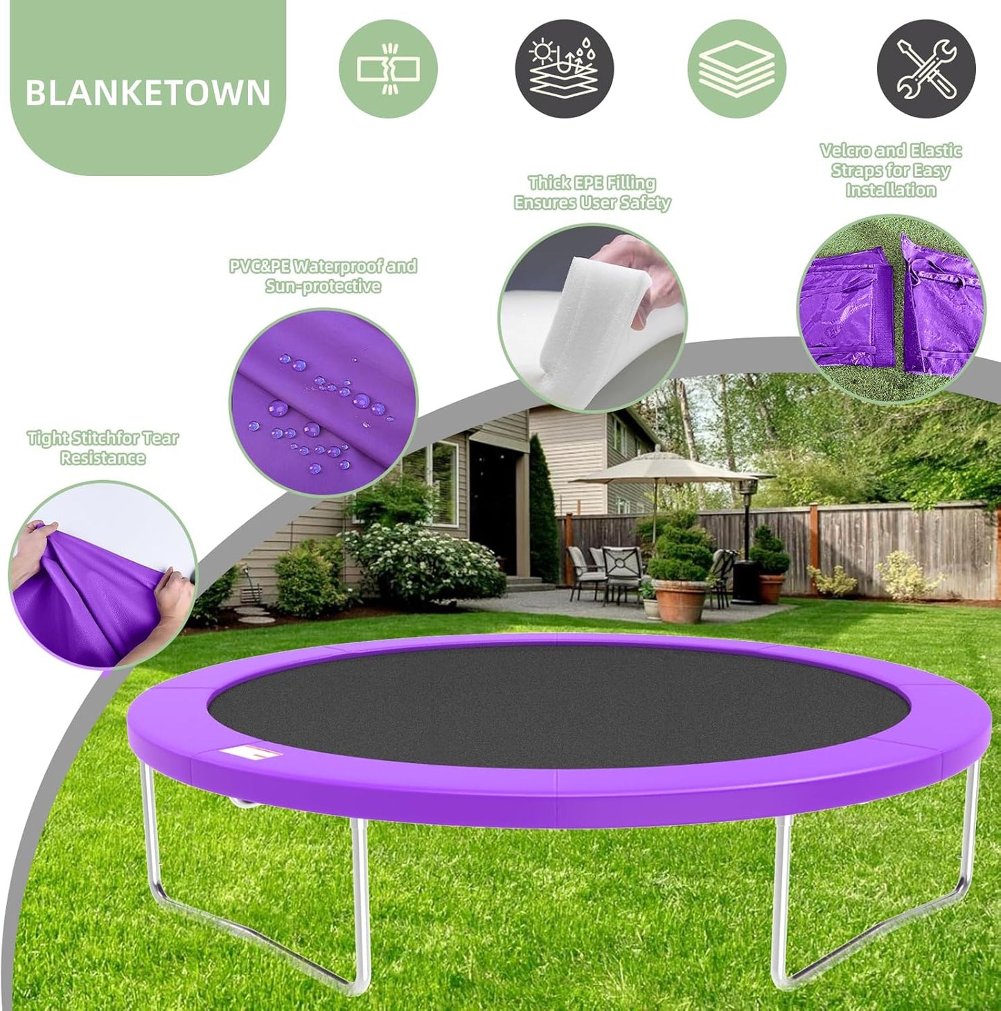 Trampoline Spring Cover, 10ft/12ft/14ft/15ft/16ft Trampoline Replacement Safety Pad, Waterproof Trampoline Accessories Pad for Round Frame