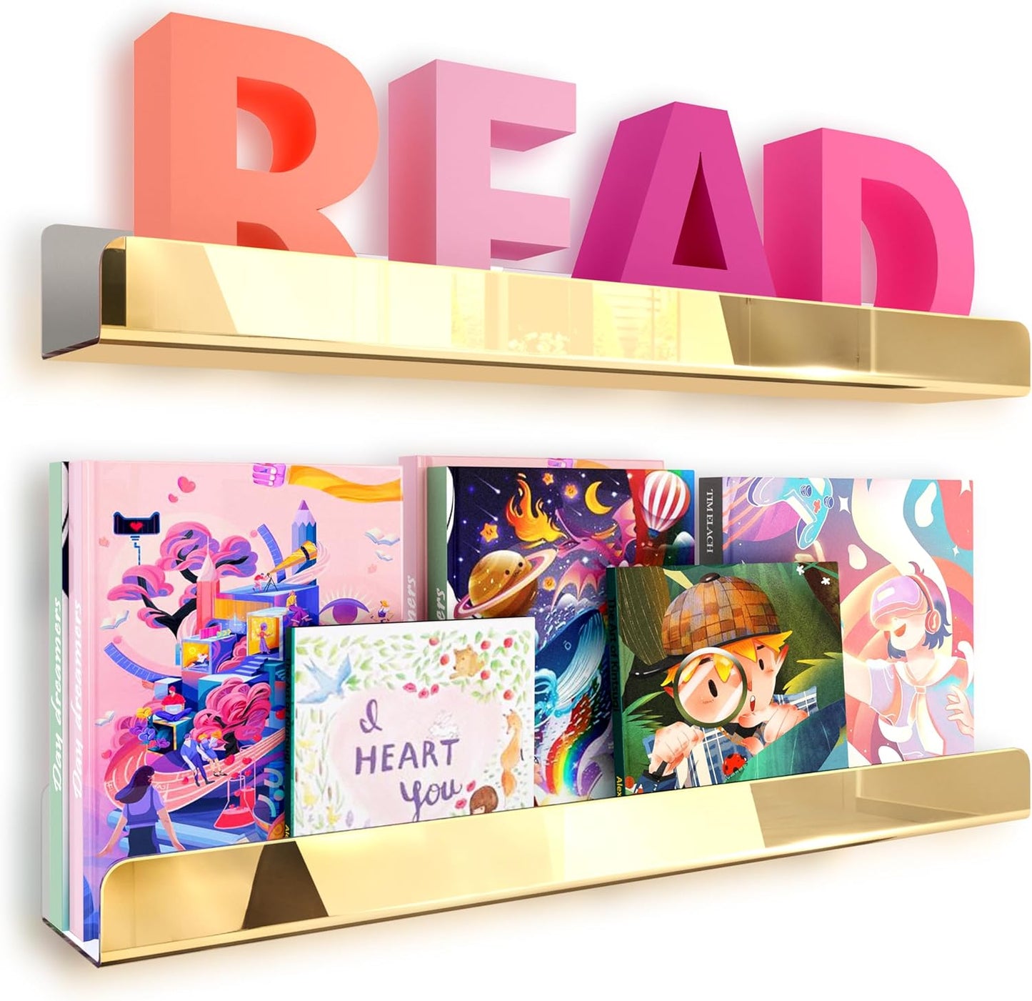 2 Pack 24 Inch Gold Reflective Acrylic Shelves, Gold Foating Shelves, Modern Sunglasses Essential Oil Picture Ledge Display Toy Storage Shelf