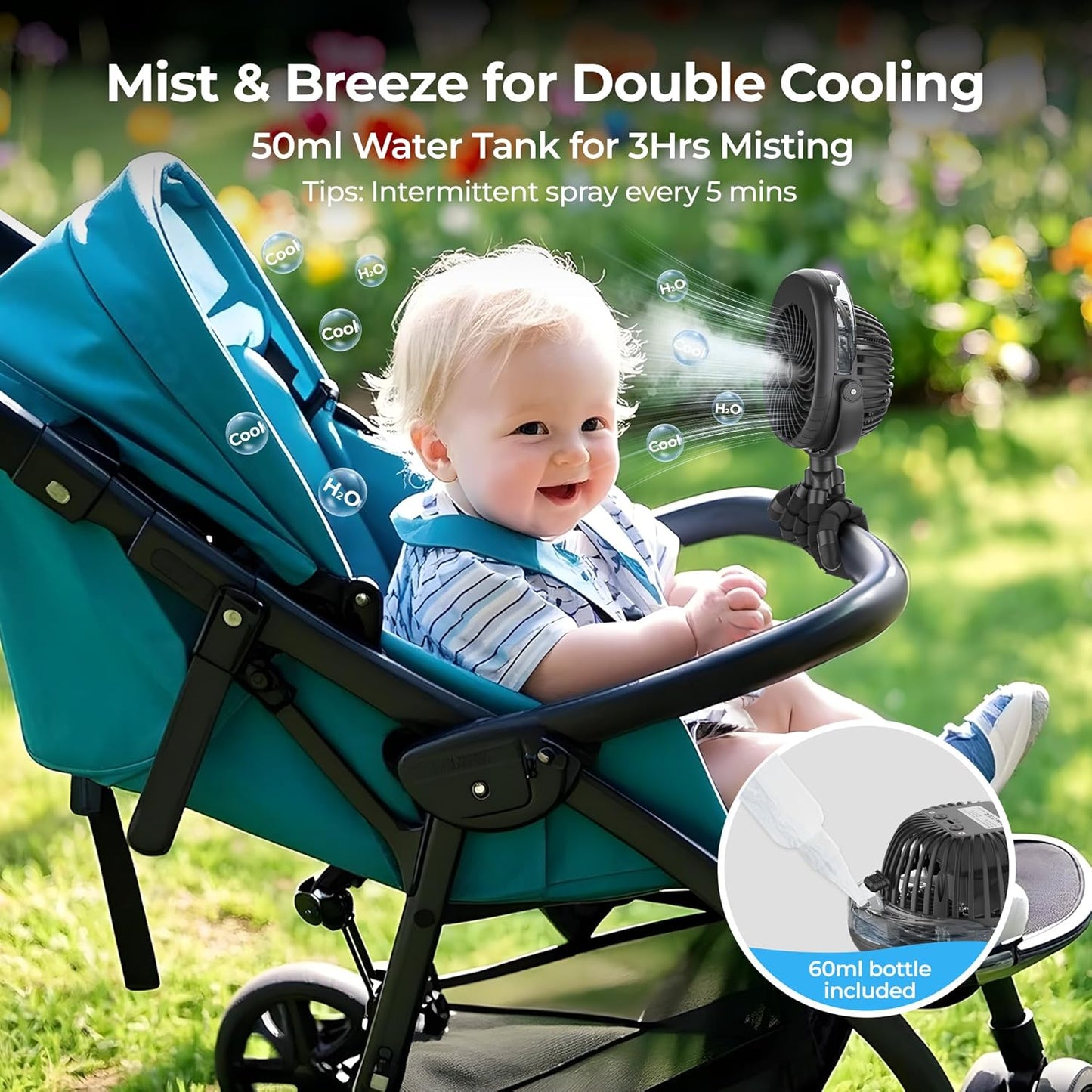 COMLIFE Misting Baby Stroller Fan, Rechargeable Battery Operated, 270° & 360° Pivoting, 50ml Portable Water Sprayer Misting Fan with Flexible Tripod Clip on Car Seat Crib Treadmill Bunk Bed