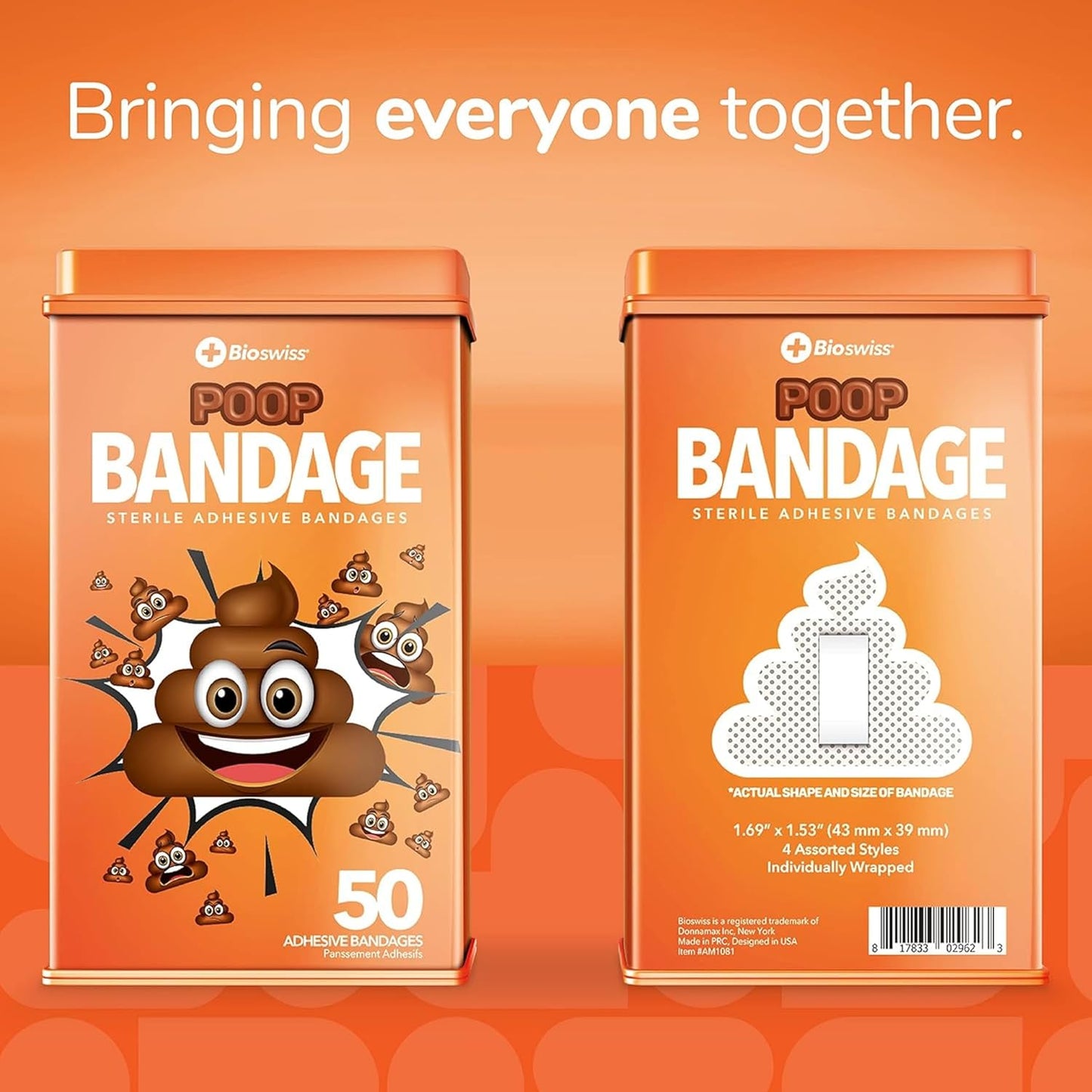 BioSwiss Bandages, Poop Shaped Self Adhesive Bandage, Latex Free Sterile Wound Care, Fun First Aid Kit Supplies for Kids, 50 Count