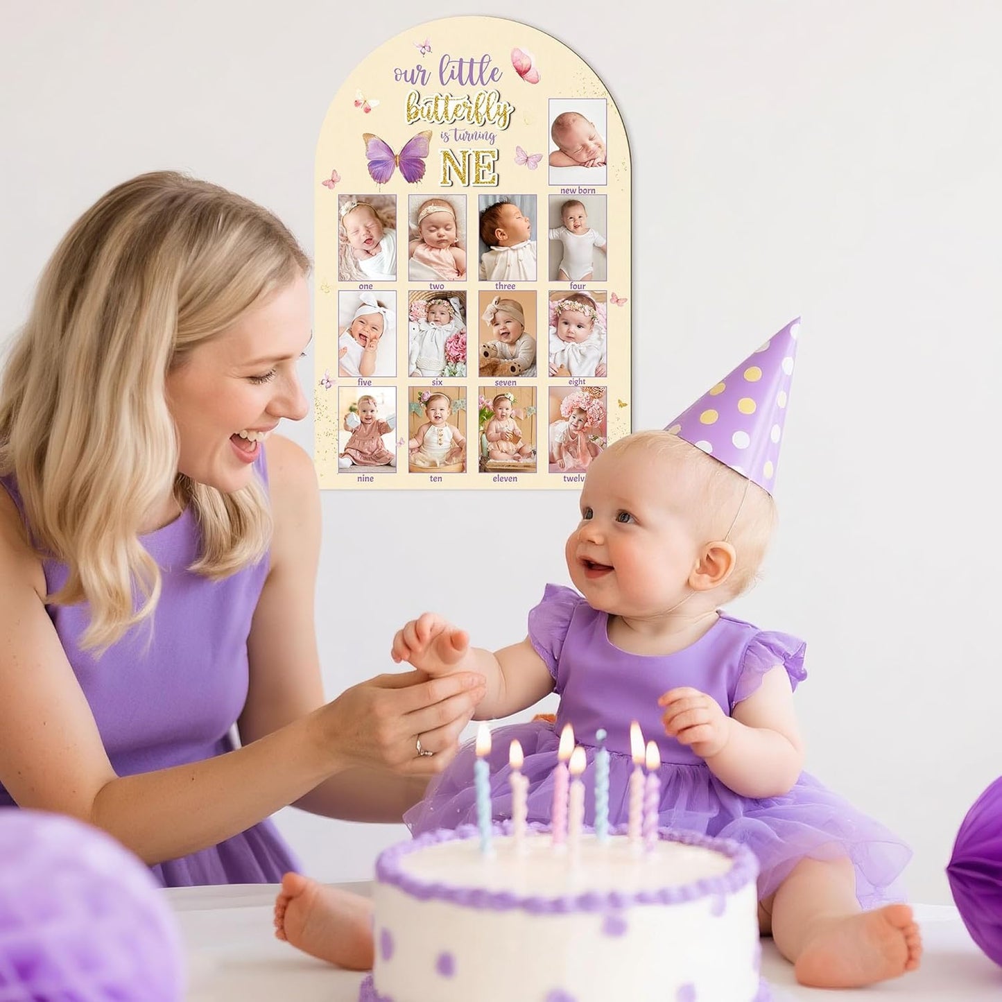 R HORSE My First Year Photo Display Wood Board - 3D Pink Purple Butterfly Baby's First Year Picture Frame, 12 Months Milestone Board Neutral Baby Keepsake Gift 1st Birthday Nursery Decor for Girl