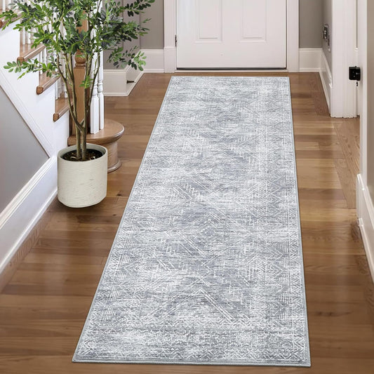 COZYLOOM 2x6 Runner Rug Hallway Modern Washable Distressed Accent Carpet with Non-Slip Backing, Ultra-Soft Contemporary Geometric Floor Mat for Living Room, Kitchen, Bedroom, Grey