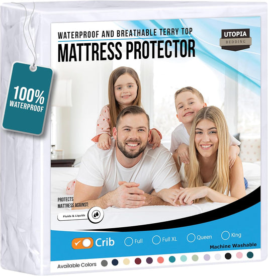 Utopia Bedding Waterproof Mattress Protector Crib Size, Premium Terry Mattress Cover 200 GSM, Breathable, Fitted Style with Stretchable Pockets (White)