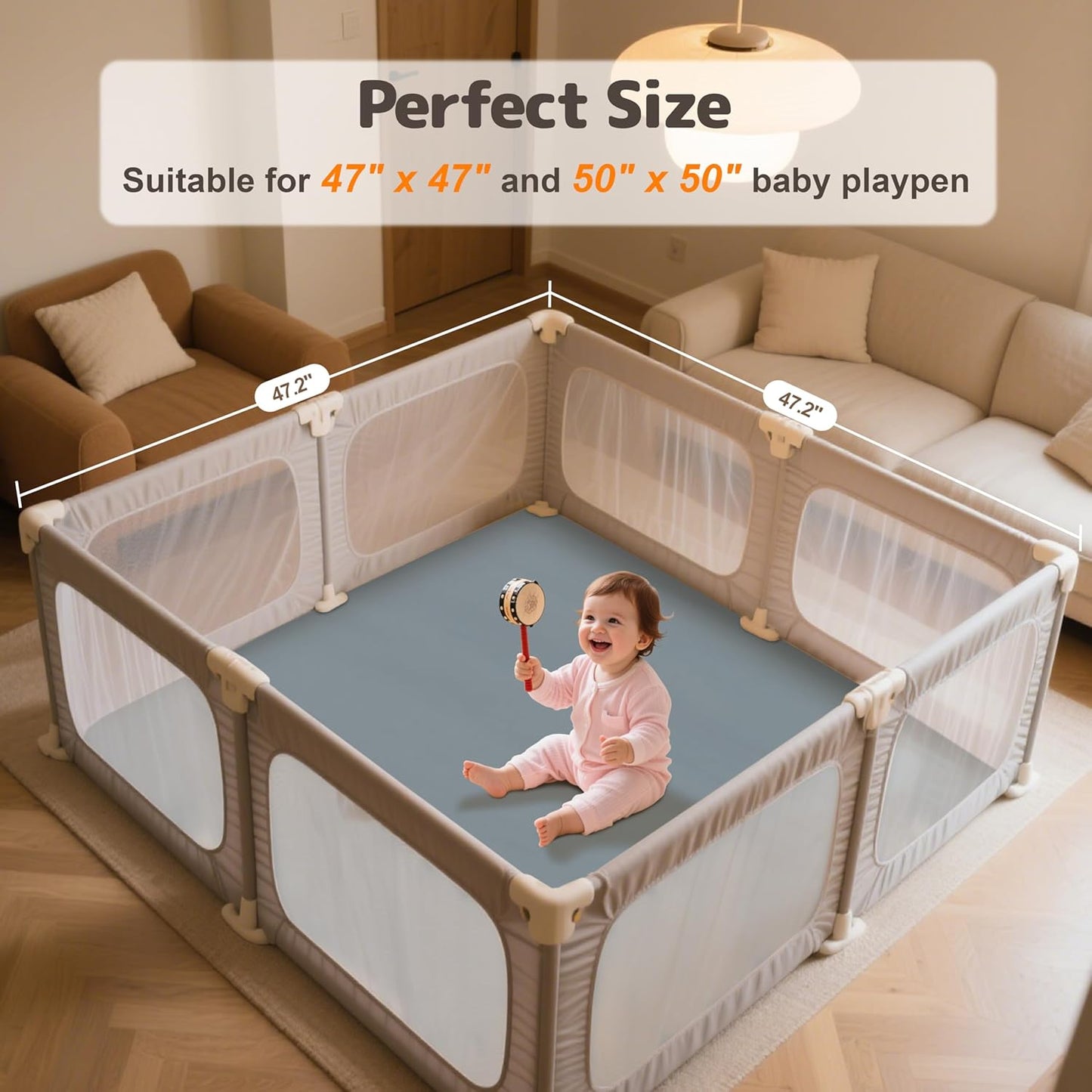 Baby Play Mat 47x47 Inches, Extra Thick 1.2" Foam Floor Mat for Tummy Time & Crawling, Waterproof Non-Slip Faux Leather Playpen Mat for Infants Toddlers, Indoor Outdoor Gym Activity, Blue