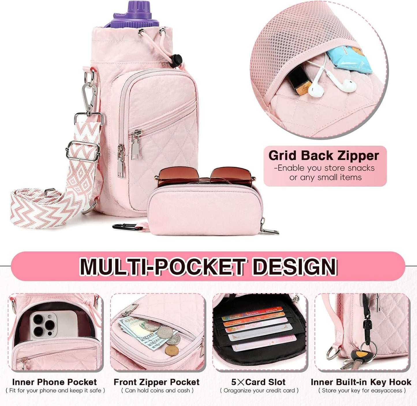 Water Bottle Carrier Bag with Strap, Water Bottle Holder Crossbody Bags for Women Men for Walking, Hiking,Cycling