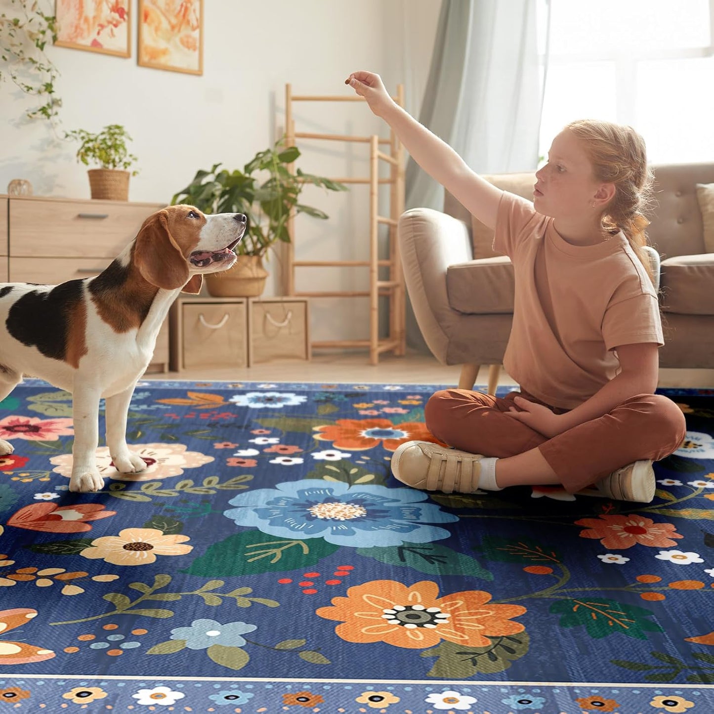 Floral 9x12 Area Rug Machine Washable Soft Print Boho Carpet Non Slip Doormat Low Pile Flower Area Rugs for Living Room Bedroom Nursery Kitchen Dining Room Indoor-Blue/Grey