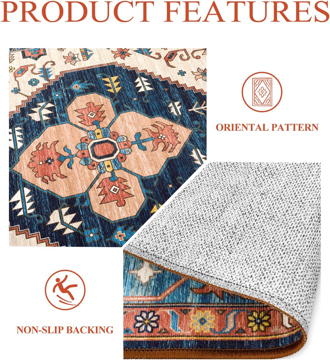 Lahome Boho Washable 5Ft Round Area Rug, Non-Slip Throw Untra-Thin Round Carpet, Oriental Vintage Distressed Circle Rug for Dining Living Room Bedroom Kitchen Office, 5x5/Rust