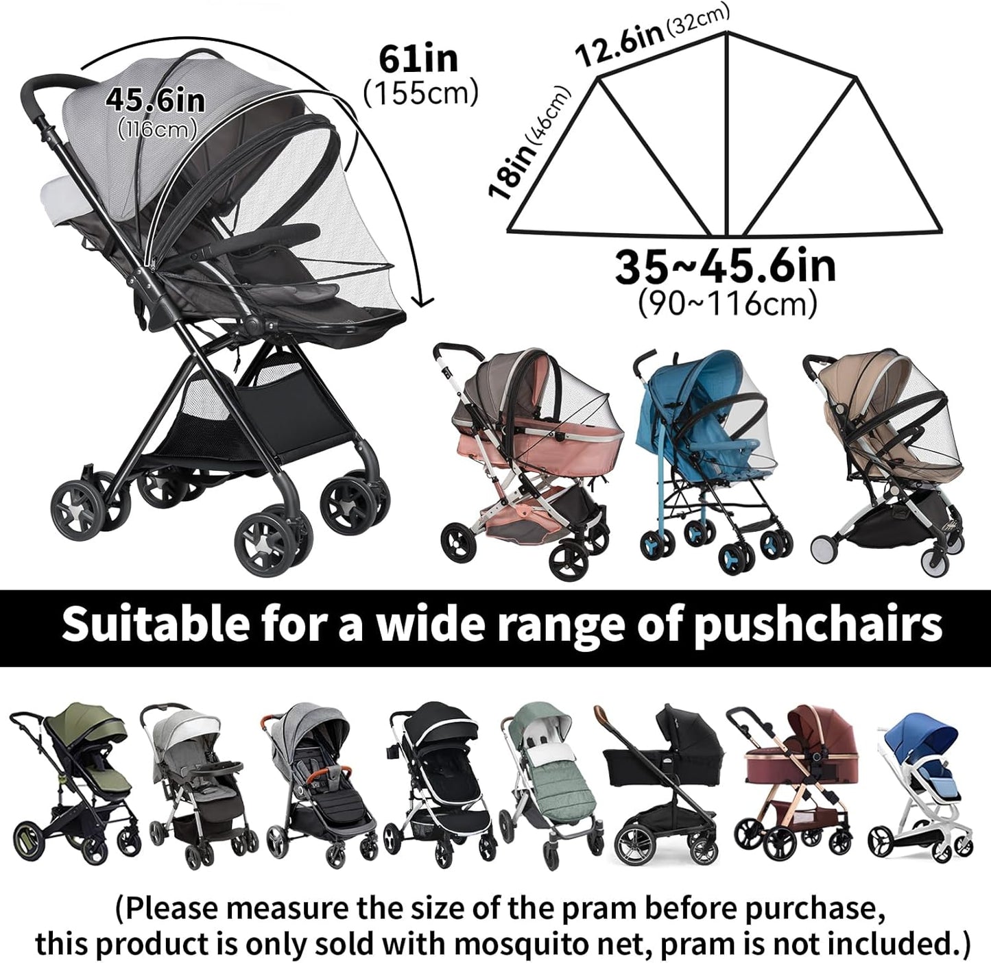 Bemece Universal Baby Stroller Mosquito Net, Durable Mosquito for Stroller with Two-Way Zippers & Storage Bag, Breathable & Foldable Mosquito Nets, Perfect Bug Net for Strollers