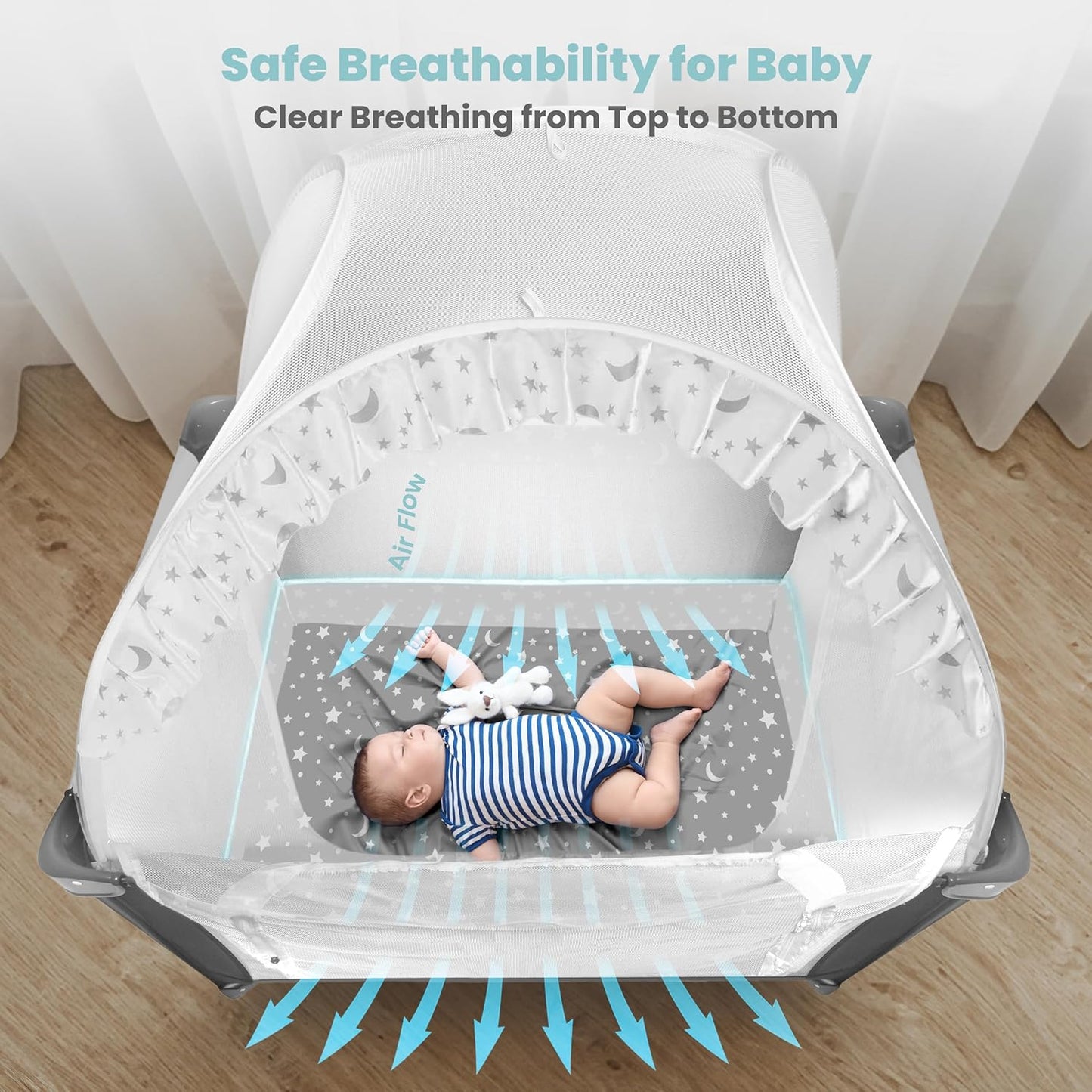 Premium Pack n Play Tent, Mini Crib Tent to Keep Baby from Climbing Out, Auto Pop Up Pack and Play Tent with Auto-Lock Zippers, Thick Velvety Breathable Mesh (Stars & Moons - Ruffles)