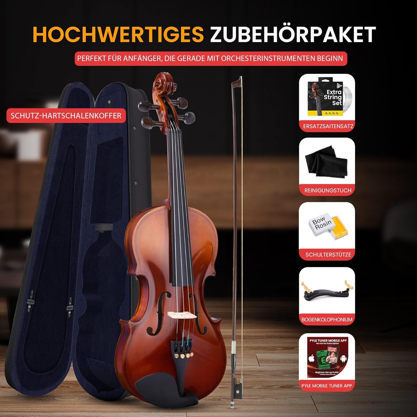 Pyle 1/4 Size Beginner Violin Starter Kit, Violin Starter Package with Travel Case & Bow, Extra Strings, Digital Tuner, Shoulder Rest & Cleaning Cloth for Students, Kids, Adults