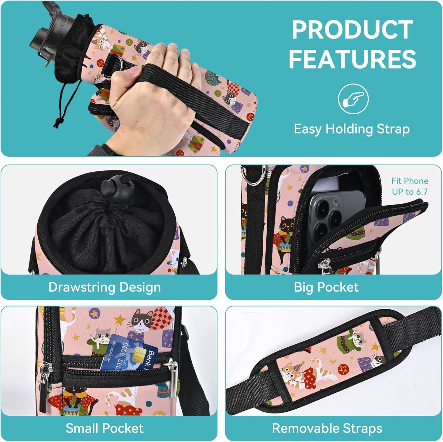 AUPET Water Bottle Sling Bag Sleeve Holder Carrier 25/32/40/64 oz,Insulated Crossbody Water Bottle Case Cover with Strap and Pockets for Men/Women Walking Hiking