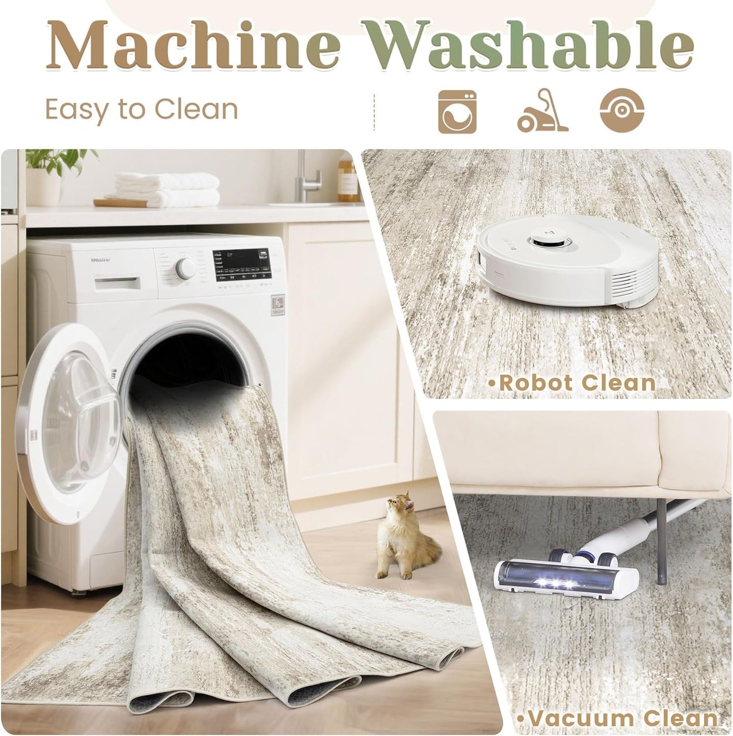 Washable Rug 6x9 Area Rugs for Living Room: Neutral Soft Rug Abstract Non Slip Low Pile Modern Carpet for Bedroom Kitchen Nursery Office Dining Room Indoor (Beige, 6'x9')