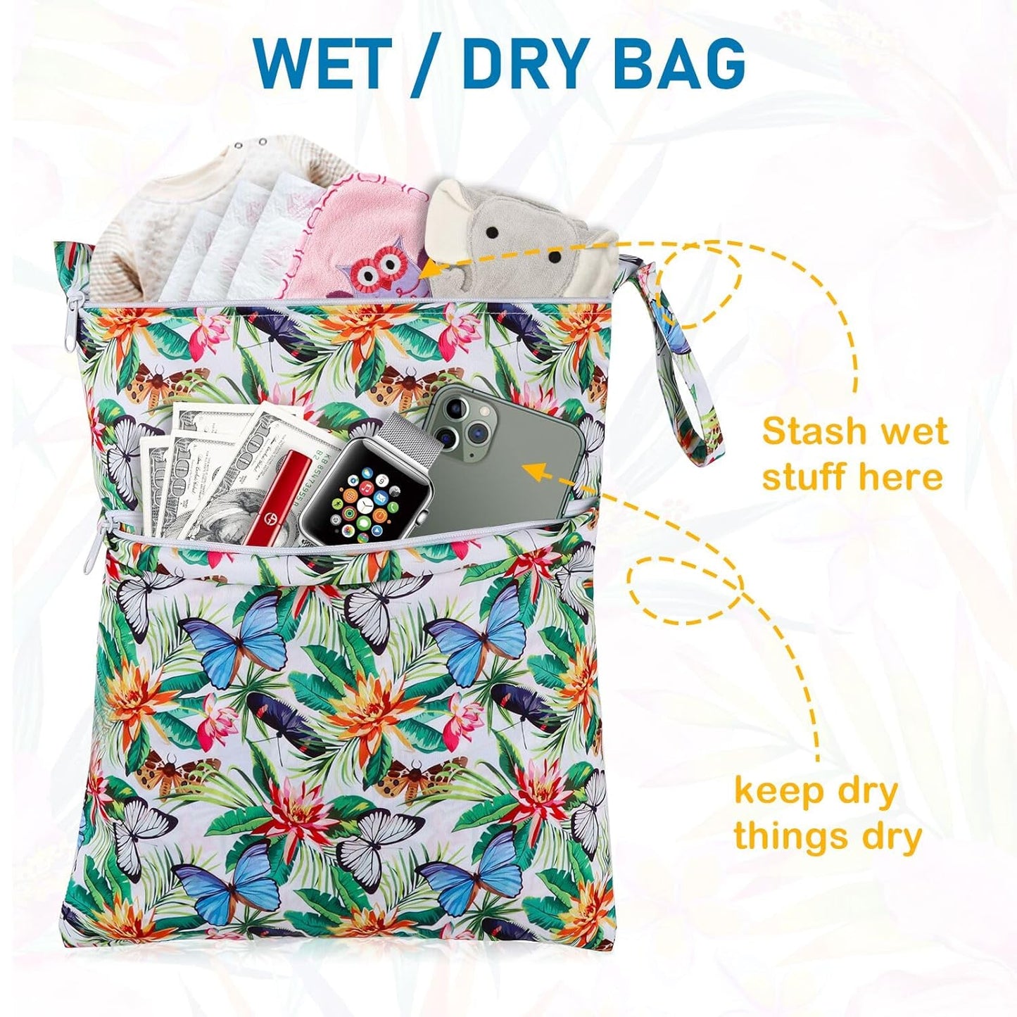 Angel Love Wet Bags for Baby, 2pcs Waterproof Wet Dry Bag for Diaper Baby Cloth Gym Clothes Washable Travel Bags for Beach Pool Swimsuits Pockets with Zippered Dirty Diapers Stroller Organizer L0203