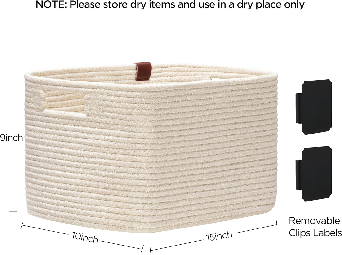 UBBCARE 2 Pack Baskets for Organizing, Woven Storage Baskets with Label for Toys and Towel, Rectangle Cotton Rope Basket with Handles, 15''L x10''W x9''H, Off-White
