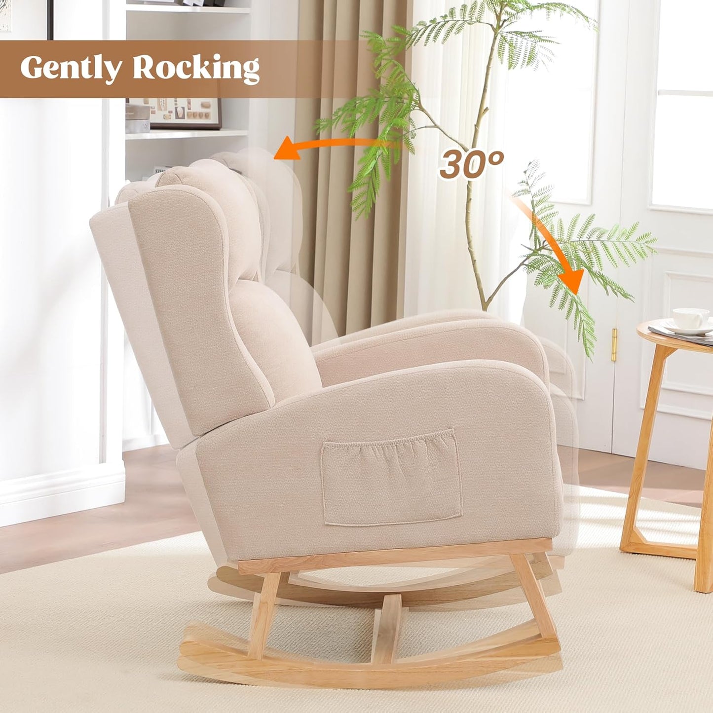 Rocking Chair Nursery, Nursing Rocking Chairs for Mom Nursery, Comfy Wingback Glider Rocking Armchair with Side Pocket for Nursery Living Room Bedroom, Khak