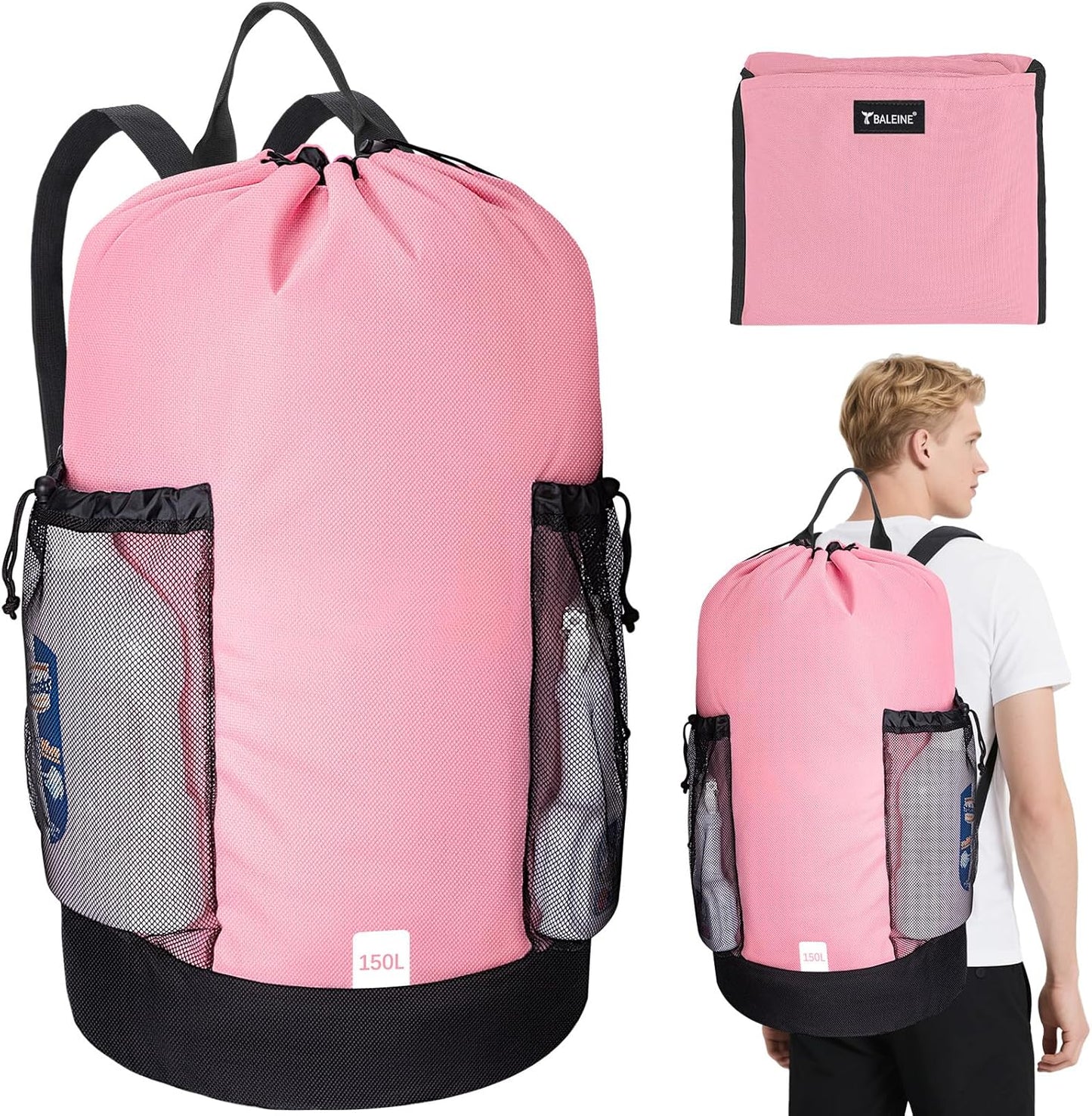 BALEINE 150L Laundry Bag Backpack, 900D Oxford Fabric Large Travel Laundry Bags with Shoulder Straps and 2 Mesh Pockets for College Dorm, Apartment, Laundromat (Pink, 150L)