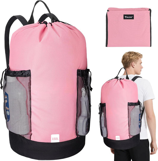BALEINE 150L Laundry Bag Backpack, 900D Oxford Fabric Large Travel Laundry Bags with Shoulder Straps and 2 Mesh Pockets for College Dorm, Apartment, Laundromat (Pink, 150L)