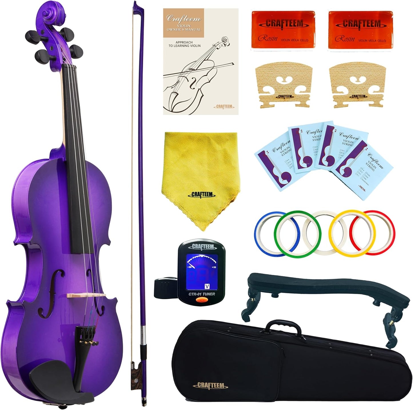 4/4 Full Size Fiddle Purple Colored Premium Violin Outfit for Beginners Adults Kids With 5 Color Fingering Tape- Handcrafted Student Beginner Violin. (Purple, 4/4 Full)