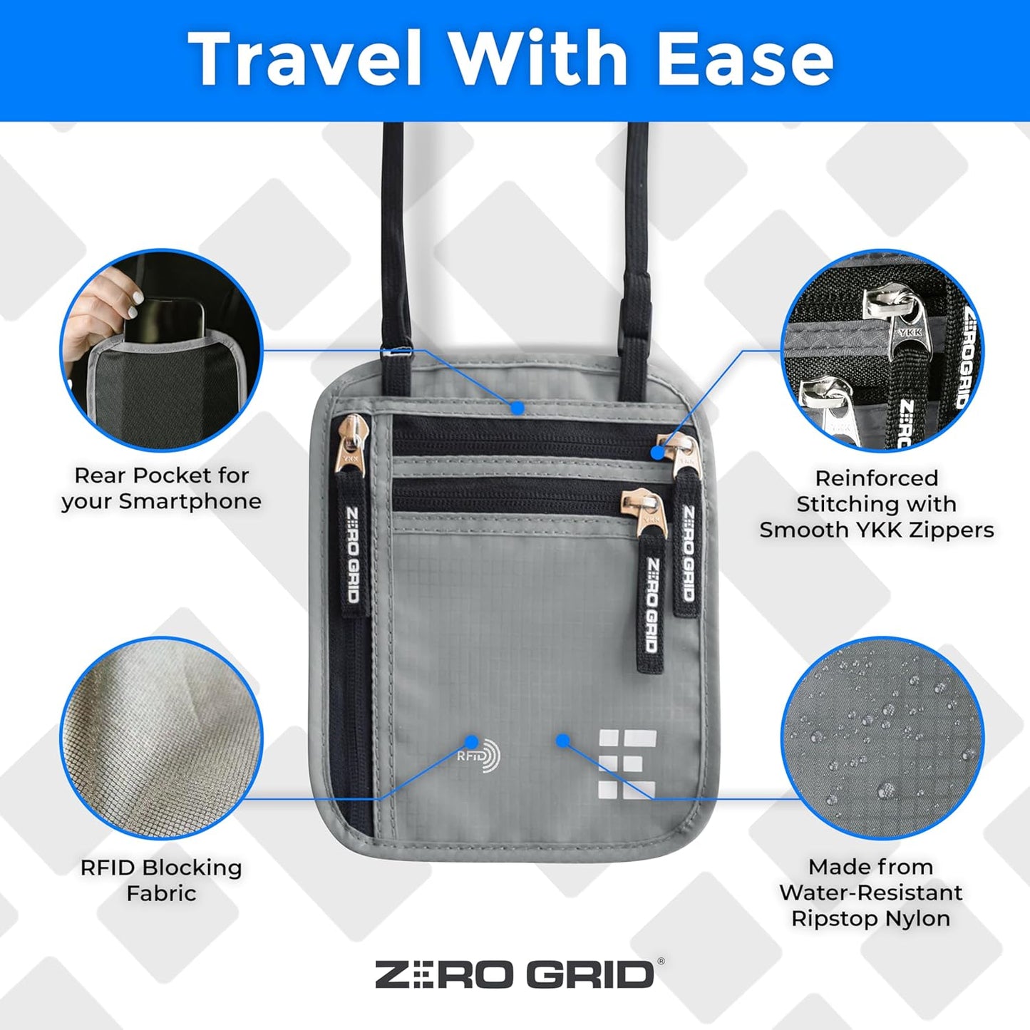 Neck Wallet for Travel & Passport Holder with RFID Blocking - Slim & Easy to Conceal Nylon Travel Pouch for men & women - Holds Phone, Cash, Cards, Keys - Sweat & Water Resistant - Large - Light Grey