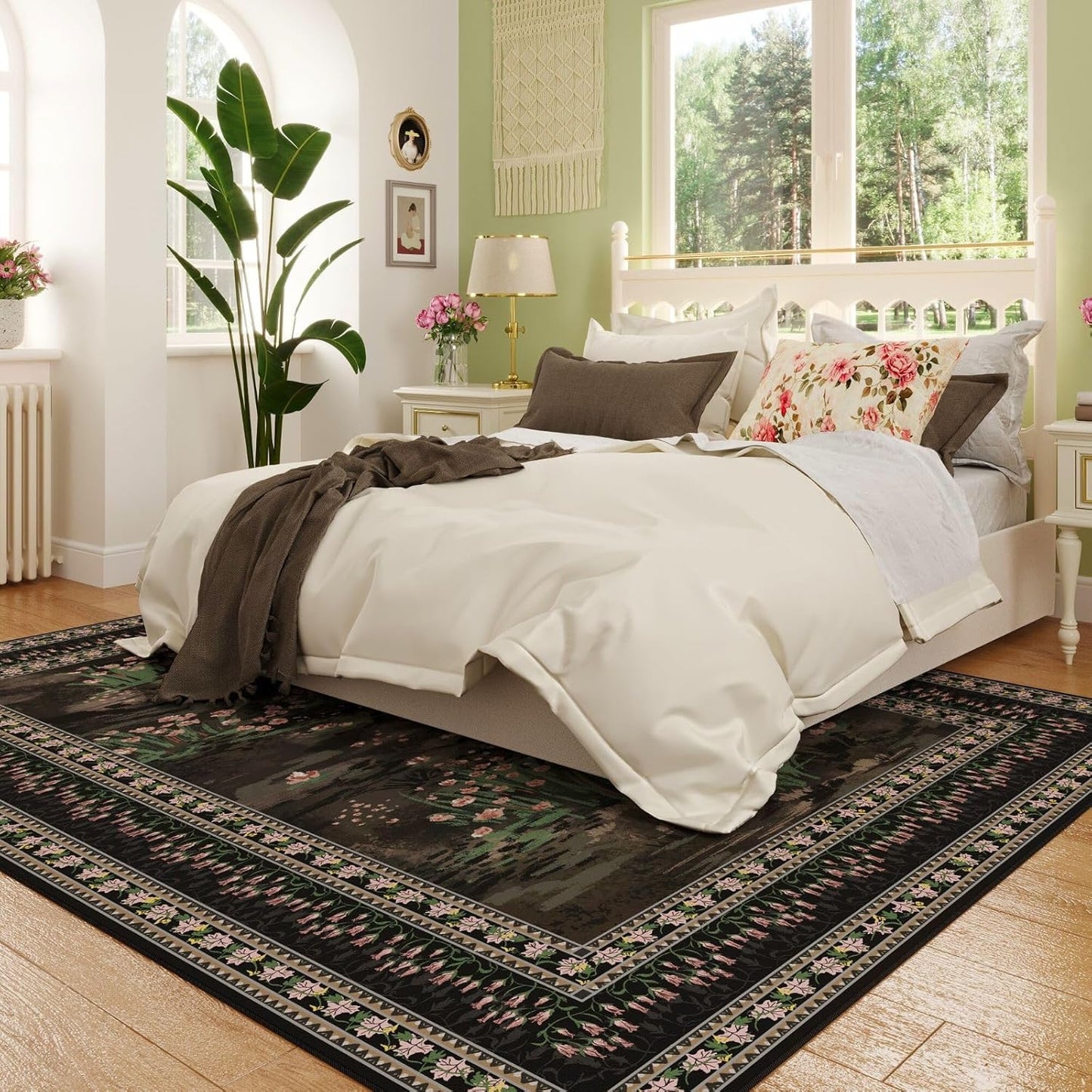 Area Rugs 8x10 Clearance Impressionist-Style Vintage Washable Area Rug Non Slip Low Pile Large Rug for Bedroom Farmhouse Dining Room Kids Playroom, Black