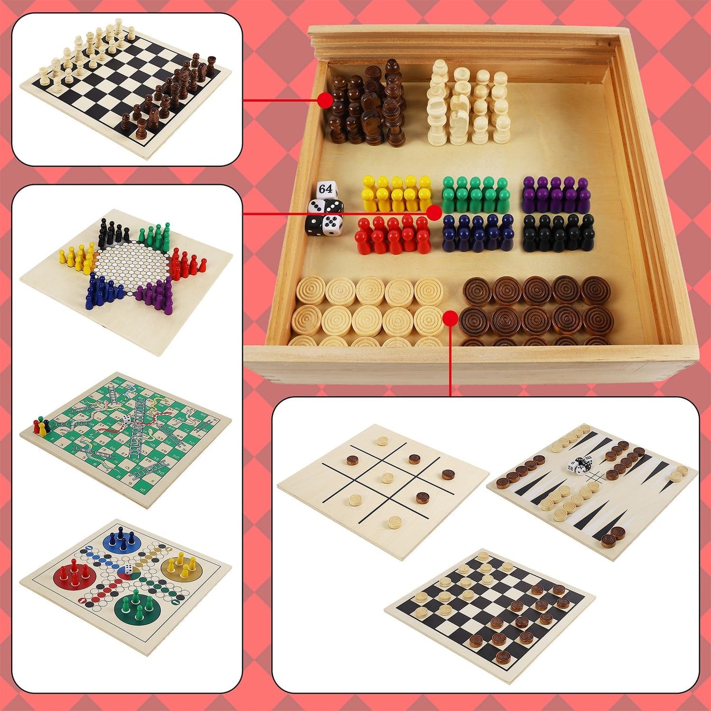 Juegoal 7-in-1 Wooden Board Game Set for Kids Adults, Tabletop Combo Classic Travel Portable Board Games (Chess, Checkers, Chinese Checkers, Backgammon, Parcheesi, Snakes and Ladders, Tic Tac Toe)