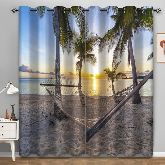 Aimego Ocean Beach Blackout Curtains Summer Tropical Palm Tree Seaside Sunset Drapes Decor for Bedroom Living Room Window Treatment Grommet Top Room Darkening Curtains 2 Panel Set, 52"X84"
