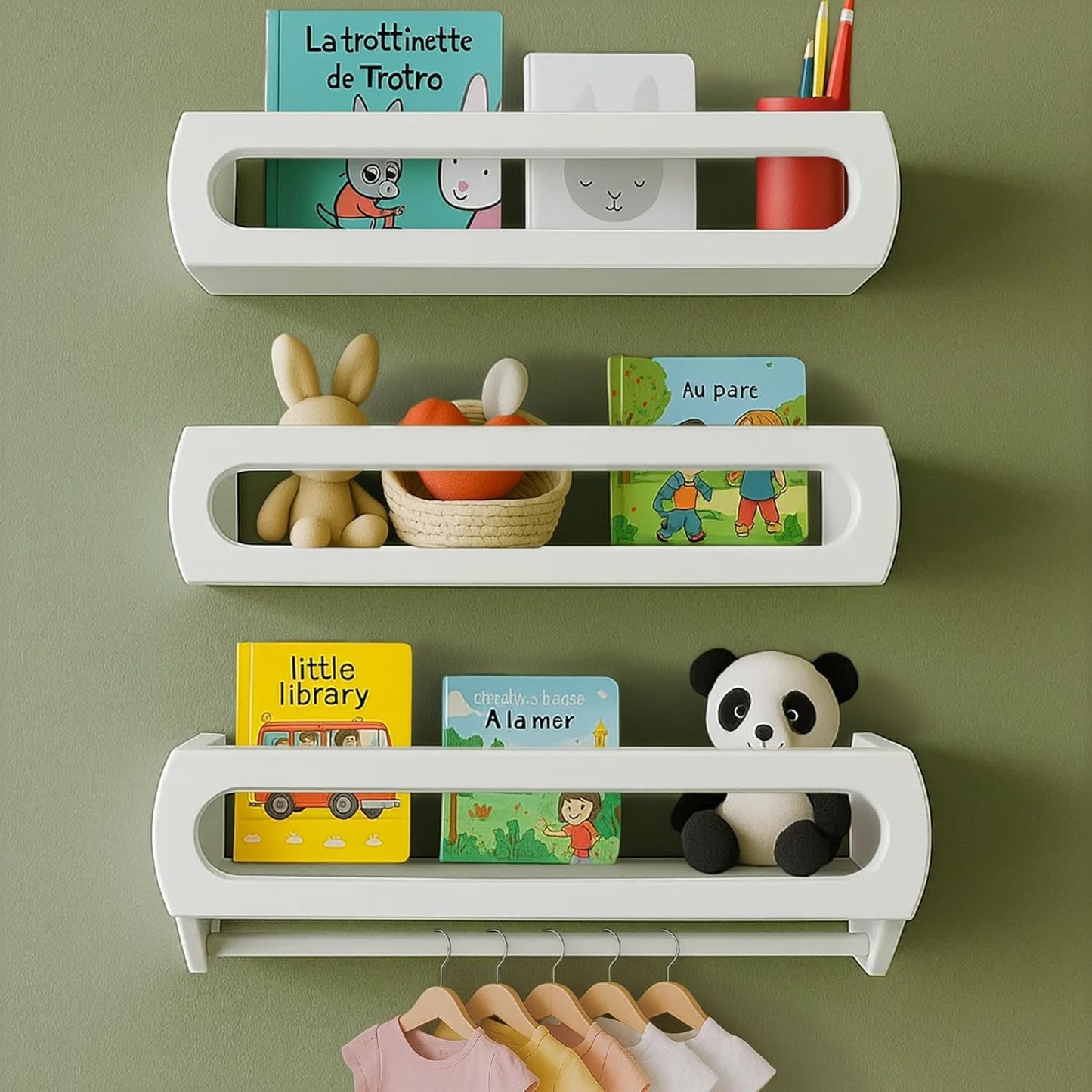 Bamboo Nursery Book Shelves, Fully Assembled For Easy Use - Set of 3 Floating Shelves for Wall Kids, Wall Mounted Book Shelves For Kids Room, Baby Room, Toddler Room, Nursery Decor, 16.5 Inch White