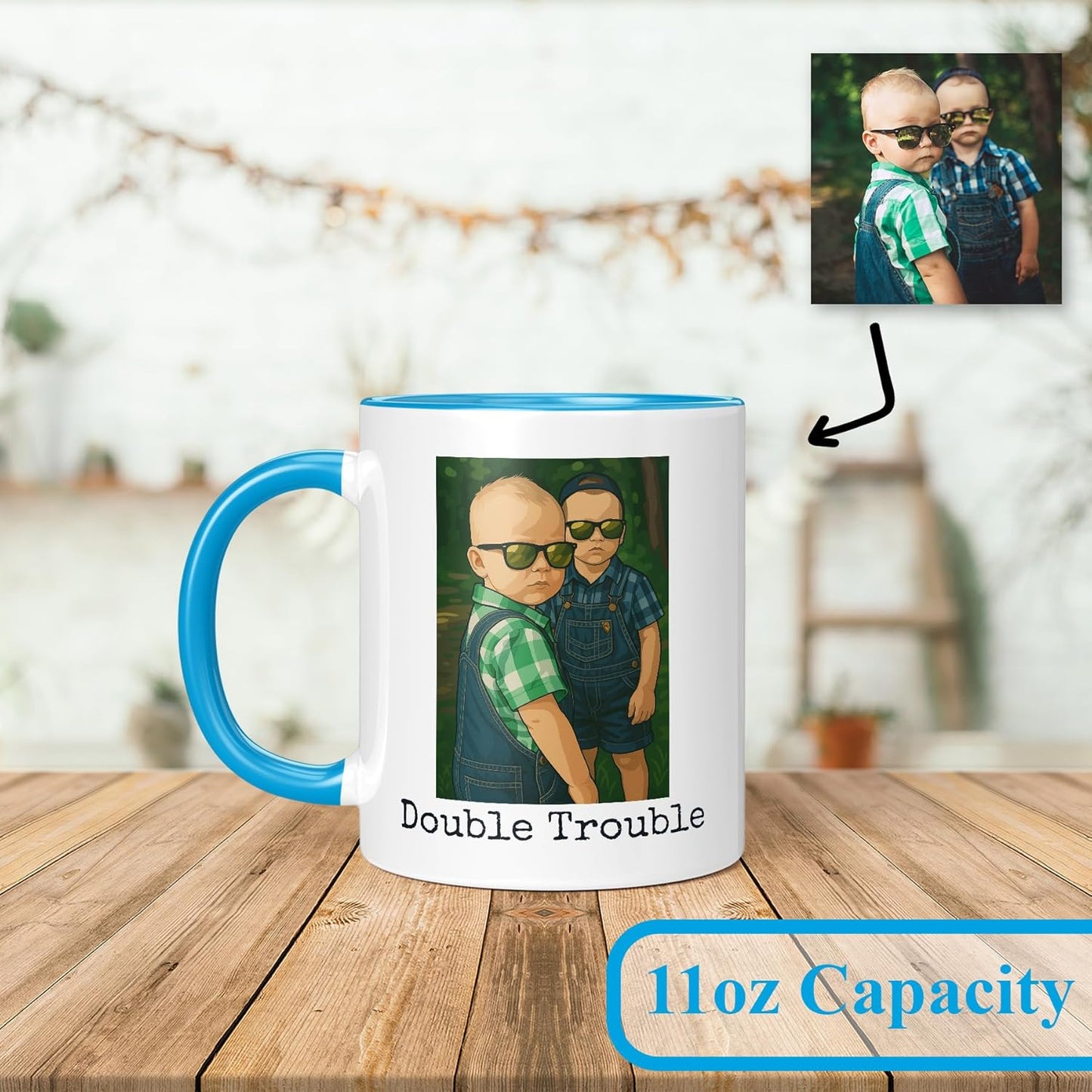 Personalized Coffee Mug, Custom Drawing Portrait Gift, Funny Customized Coffee Gift for Men & Women, Custom Mugs with Pictures, Light Blue 11oz Father's Day Mug