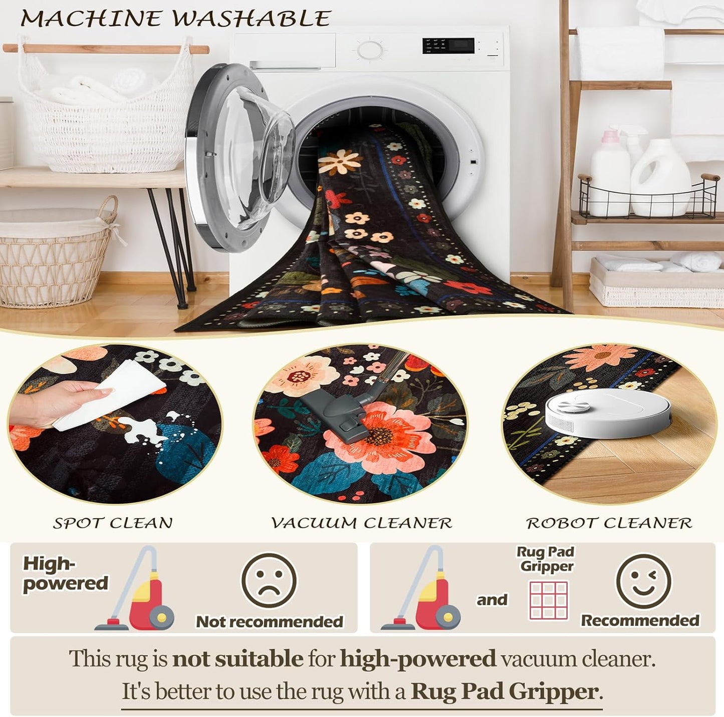 Floral 5x7 Area Rug Machine Washable Soft Print Boho Carpet Non Slip Doormat Low Pile Flower Area Rugs for Living Room Bedroom Nursery Kitchen Dining Room Indoor-Black