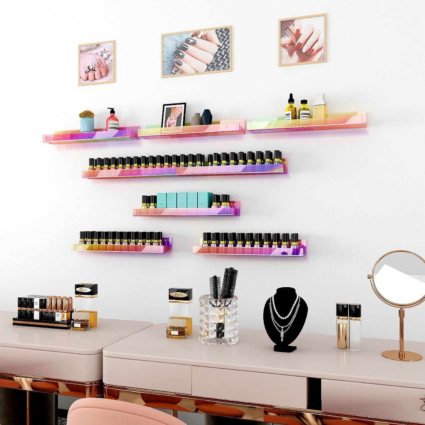 8 Pack 15 Inch Iridescent Acrylic Shelves, Clear Rainbow Kids Floating Bookshelf for Kids Room, Modern Sunglasses Essential Oil Picture Ledge Display Toy Storage Wall Shelf