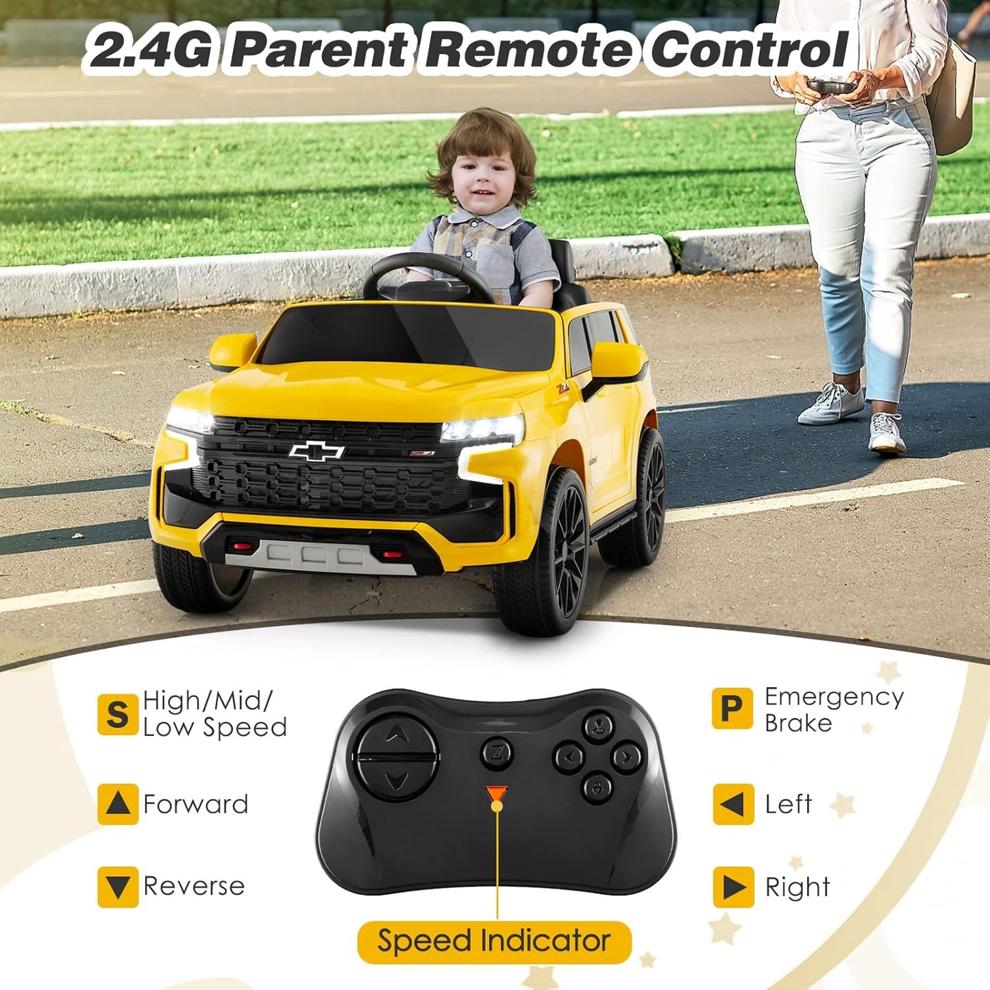 Costzon Ride on Car, 12V Licensed Chevrolet Tahoe Battery Powered Electric Vehicle w/ 2.4G Remote Control, High/Low Speed, Music, Lights, MP3/USB/FM, Spring Suspension, Electric SUV for Kids (Yellow)