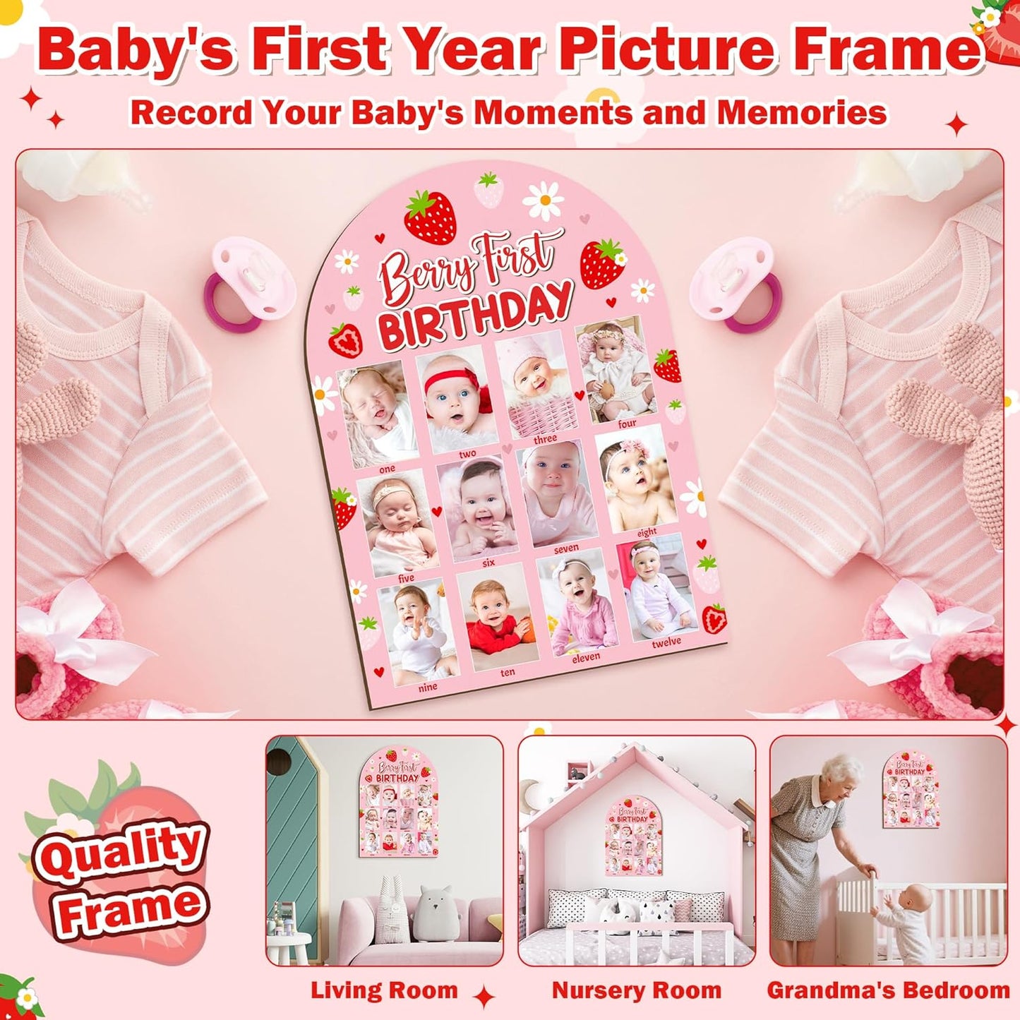 R HORSE 3D Berry First Birthday Wood Photo Display Board, Pink Strawberry Baby's First Year Picture Frame, 1-12 Months Milestone Board Birthday Decorations Keepsake Gift for Baby Girls Nursery Decor