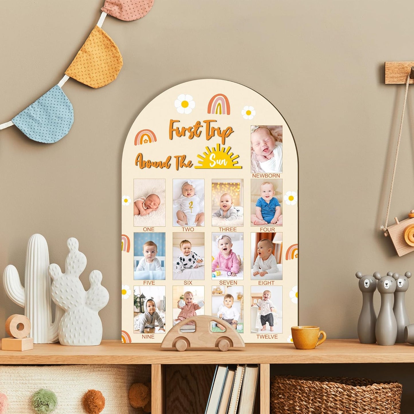 R HORSE My First Year Photo Frame Board, 3D Boho Sun Rainbow Display Wood Board, Baby’s 1st Year Picture Frame, 12 Months Milestone One Year Old Birthday Decoration, Baby Keepsake Gift for Boy Girl