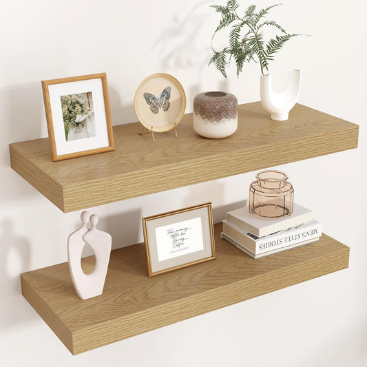 Floating Shelves for Wall, 2 Large Wall Mounted Shelves with Invisible Brackets, Long Wood Floating Wall Shelf Shelves for Living Room, Bedroom, Kitchen, (Oak, 24" W x 9" D x 1.5" H)
