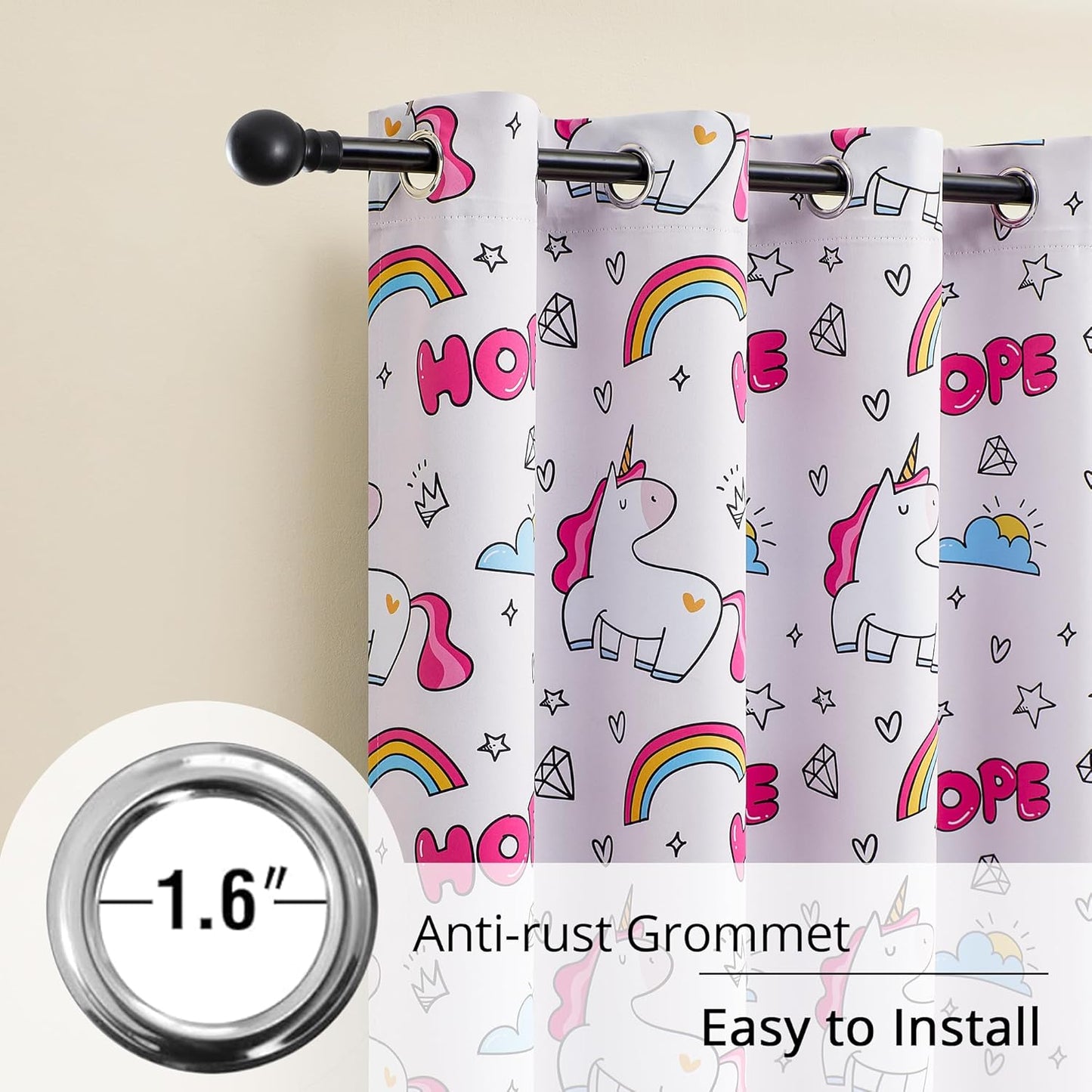 Unicorn Blackout Curtains for Girls' Bedroom - 2 Panels, Each W52×L84, 100% Blackout, Energy Efficient, Thermal Insulated, Noise Reducing, Pink Girls Curtains