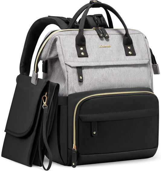 LOVEVOOK Diaper Bag Backpack, Baby Bag with Changing Station, Large Diaper Backpack for Mom Dads, Waterproof Leather Mommy Bag for Boy and Girl, Travel Essential Baby Shower, Black-Grey