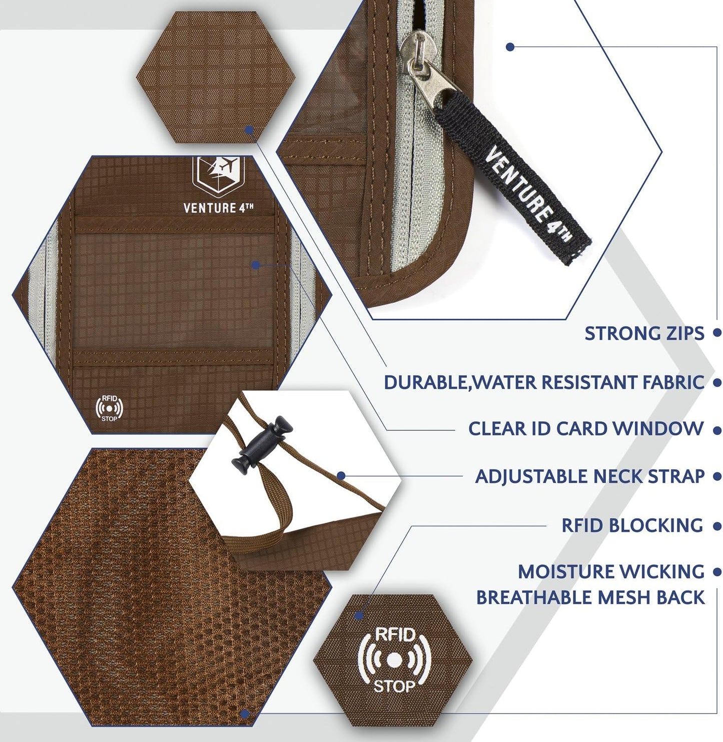 VENTURE 4TH Passport Holder Neck Wallet with RFID Blocking Nylon Lining - Hidden Neck Pouch for Travel (Brown)