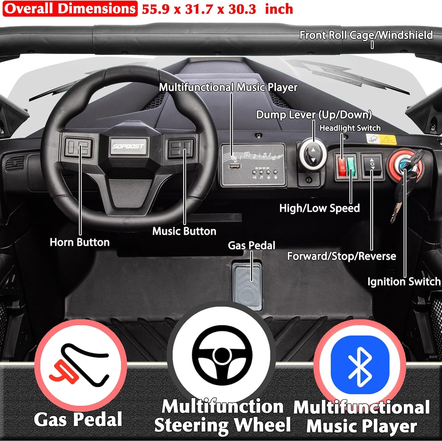 sopbost 24V 10Ah 2 Seater Ride On Car with Remote Control Battery Powered Ride On Toy Electric Kids UTV with Large Dump Bed, 4x75W Motors, White & Black