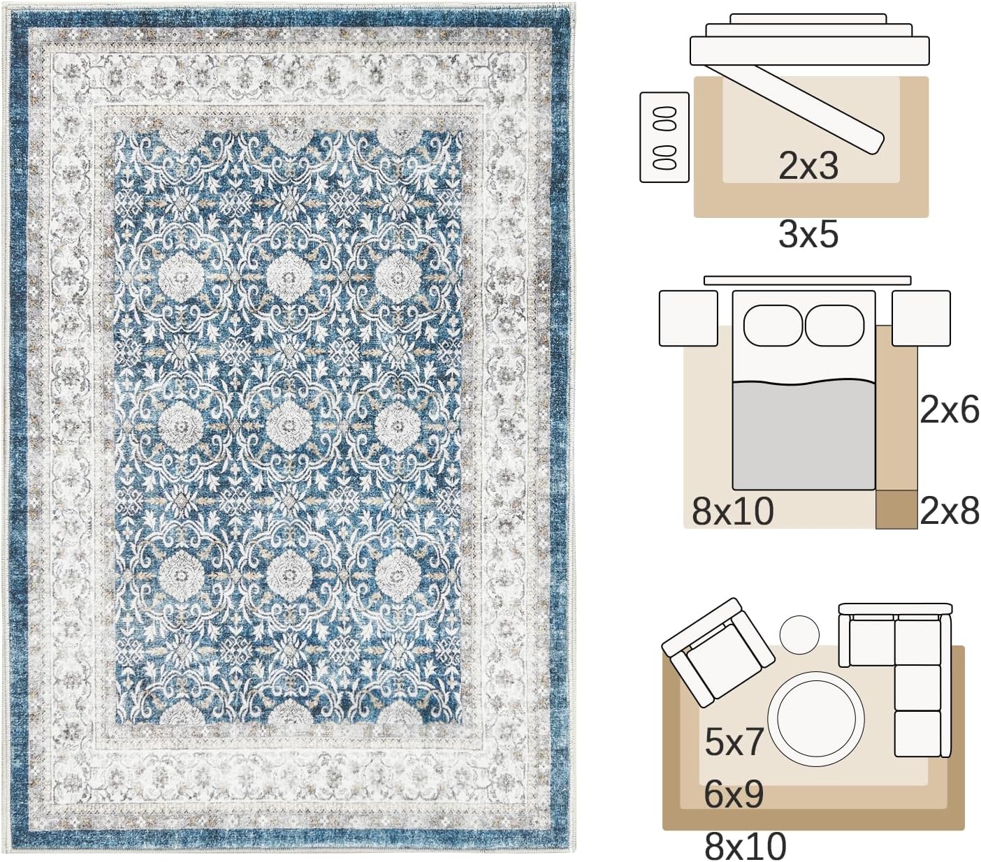 jinchan Floral 6x9 Area Rugs for Living Room - Machine Washable Vintage Distressed Boho Design Throw Rug Stain Resistant Carpet Low-Pile Thin Non-Slip for Bedroom Dining Room Nursery (6‘x9',Dark Blue)