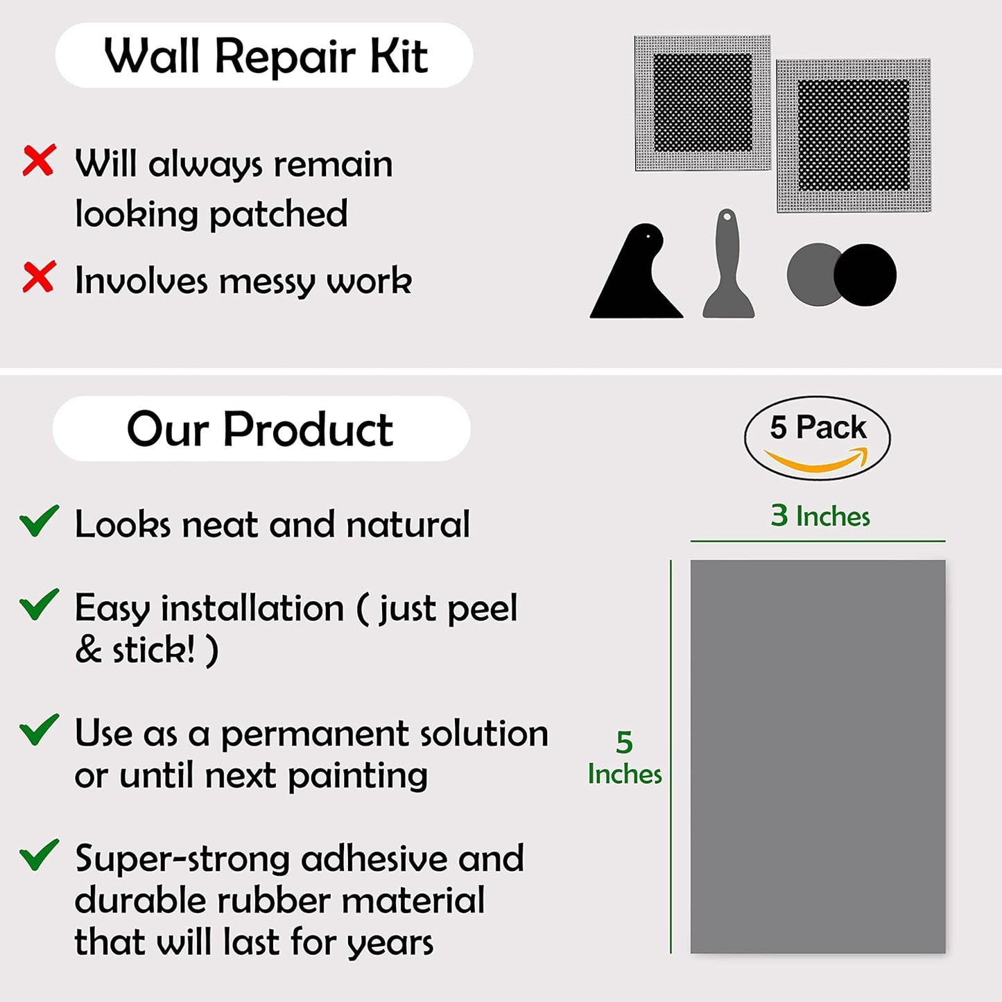 Rubber Bond Self-Adhesive Rubber Wall Outlet Cover Plate 5 Pack - Easy to Apply Peel & Stick Drywall Hole Patch - 5x3 Inch Screwless Blank Wall Plate Cover - Premium Rubber Wall Hole Cover (Grey)