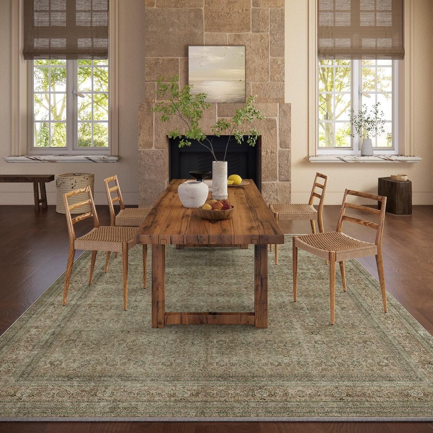 Washable Area Rugs for Living Room: 5x7 Bedroom Rug Boho Vintage Rugs Stain Resistant Non Slip Low Pile Lightweight Soft Carpets for Dining Room Kitchen Nursery Kids Room Farmhouse Living Room