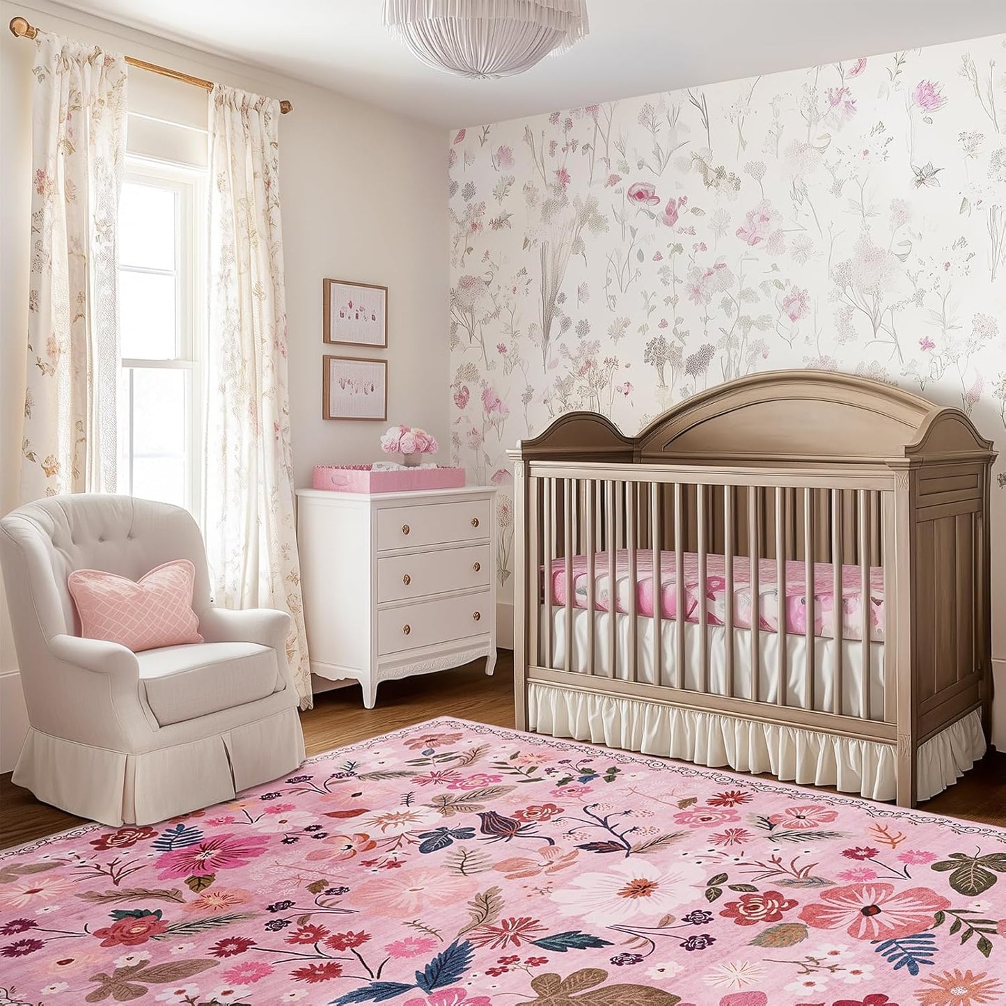 Nursery Rug for Baby Girl 4x6 Machine Washable Boho Floral Area Rugs Non Slip Low Pile Stain Resistant Pink Cute Rugs for Living Room Bedroom Dining Room Kids Room Farmhouse Family Room Office Patio